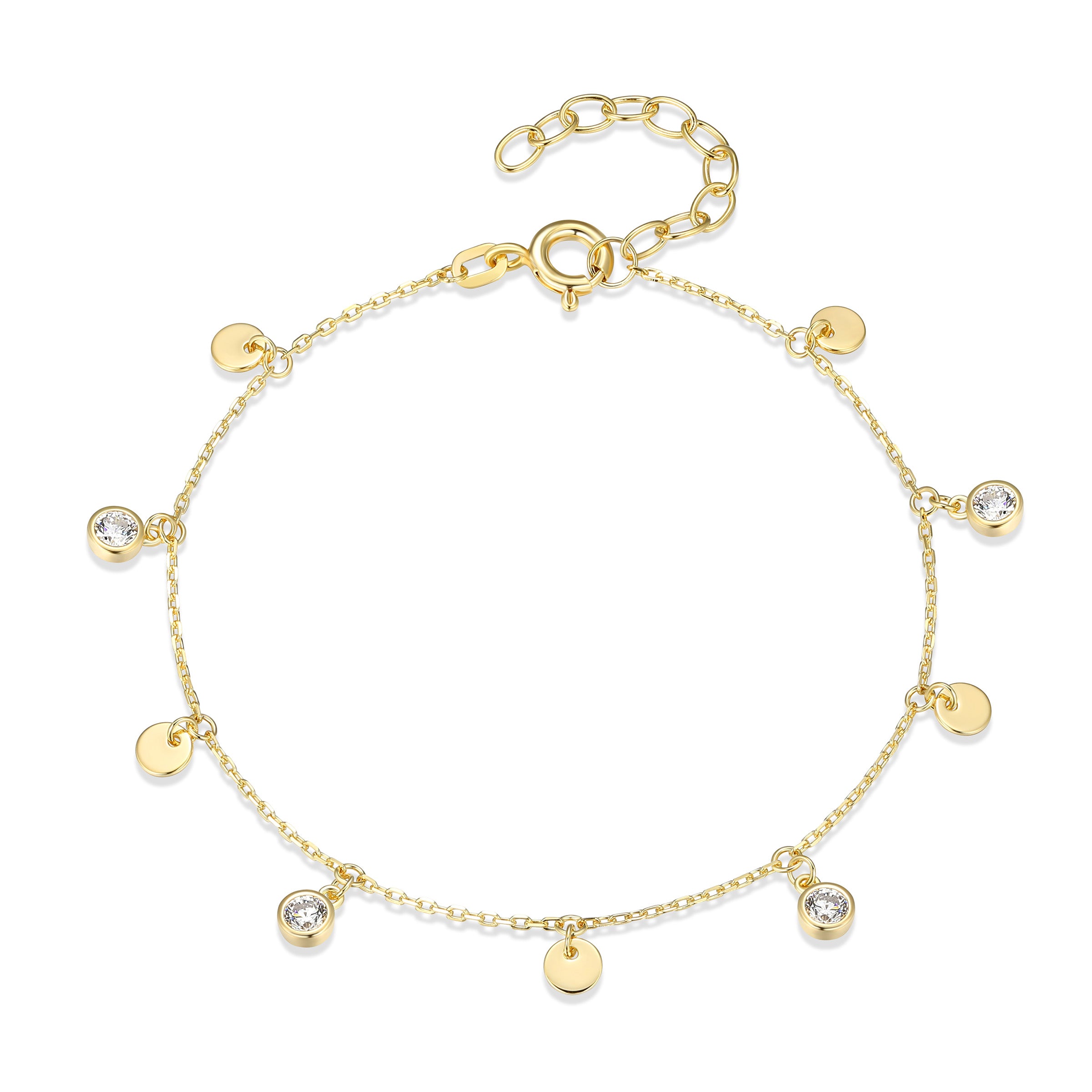 Diamondlite Cz 3Mm Mini Disc Charm Bracelet In Sterling Silver With 18K Gold Plating. 6.5+1".