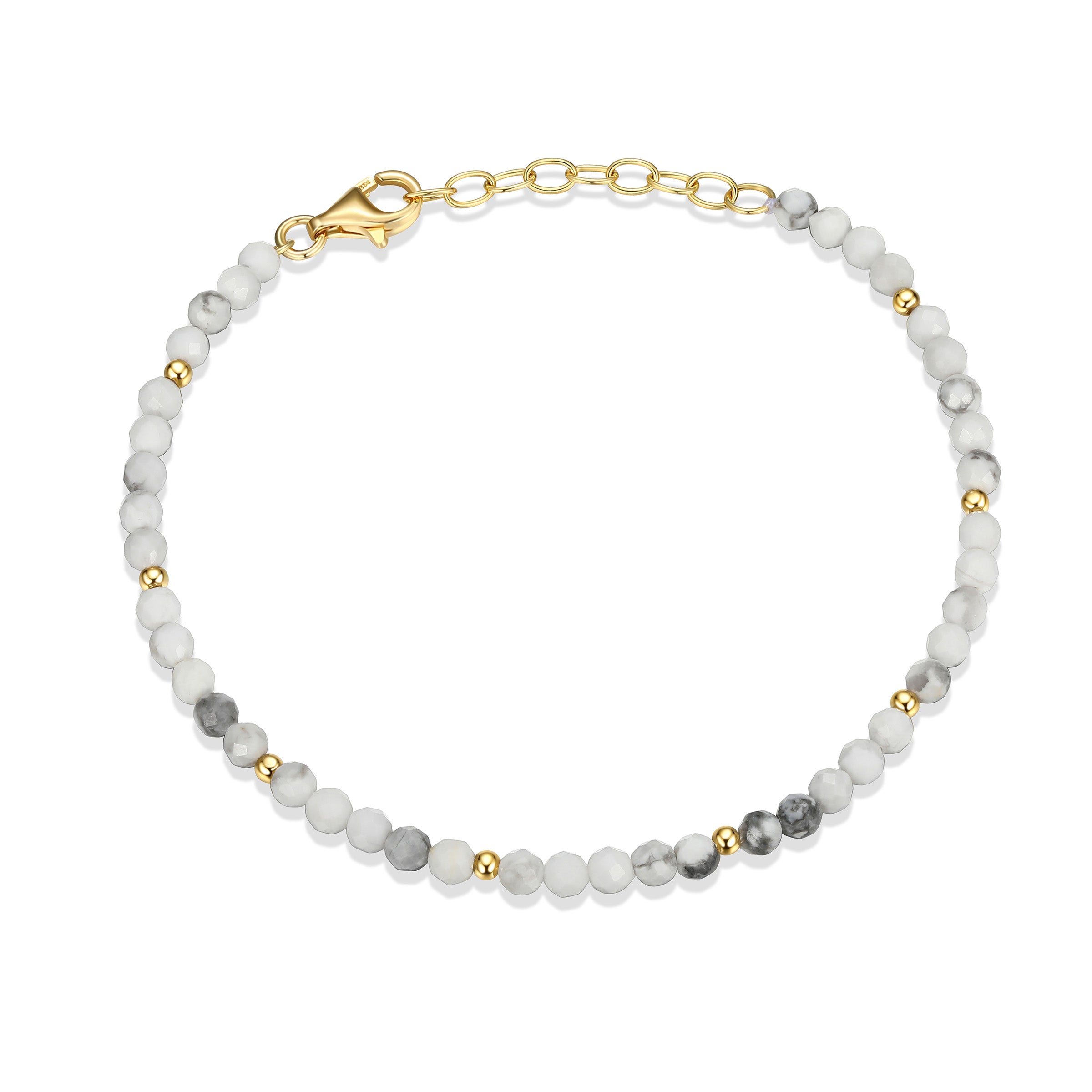 3Mm Beaded White Howlite Gemstone Bracelet In Sterling Silver With 18K Gold Plating. 6.5+1".