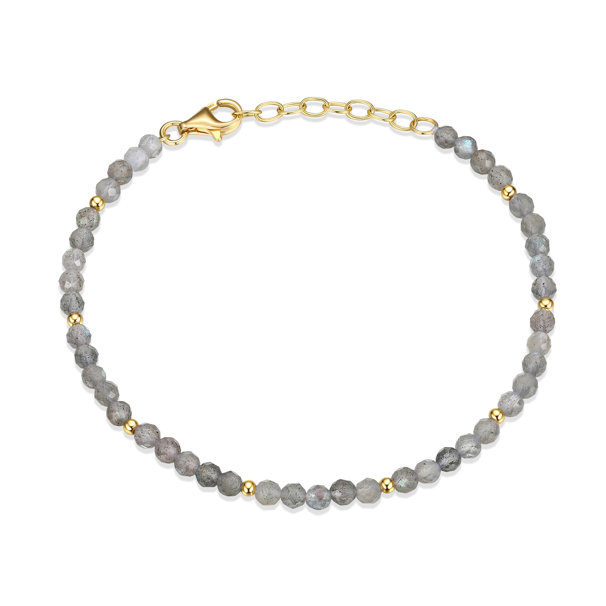 3Mm Beaded Labradorite Gemstone Bracelet In Sterling Silver With 18K Gold Plating. 6.5+1".