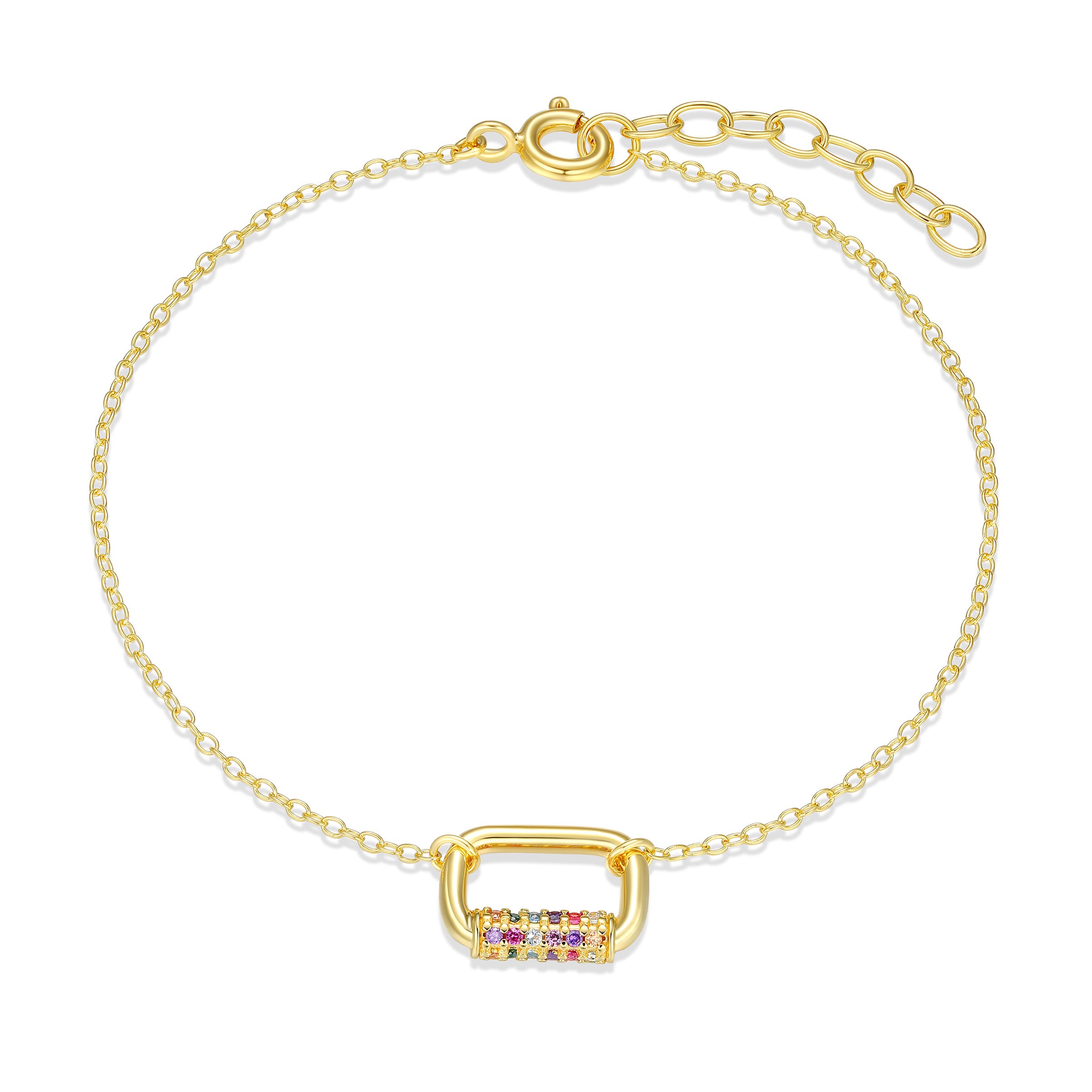 Rainbow Pave Oblong Link Adjustable Bracelet In Sterling Silver With 18K Gold Plating. 6.5+1".
