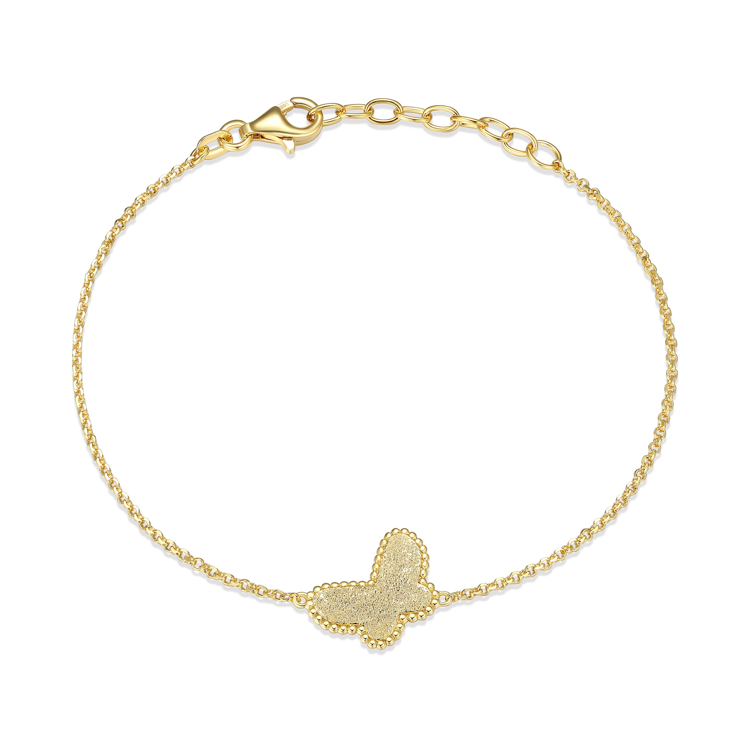 Diamond Textured Beaded Butterfly Bracelet In Sterling Silver With 18K Gold Plating. 6.5+1".