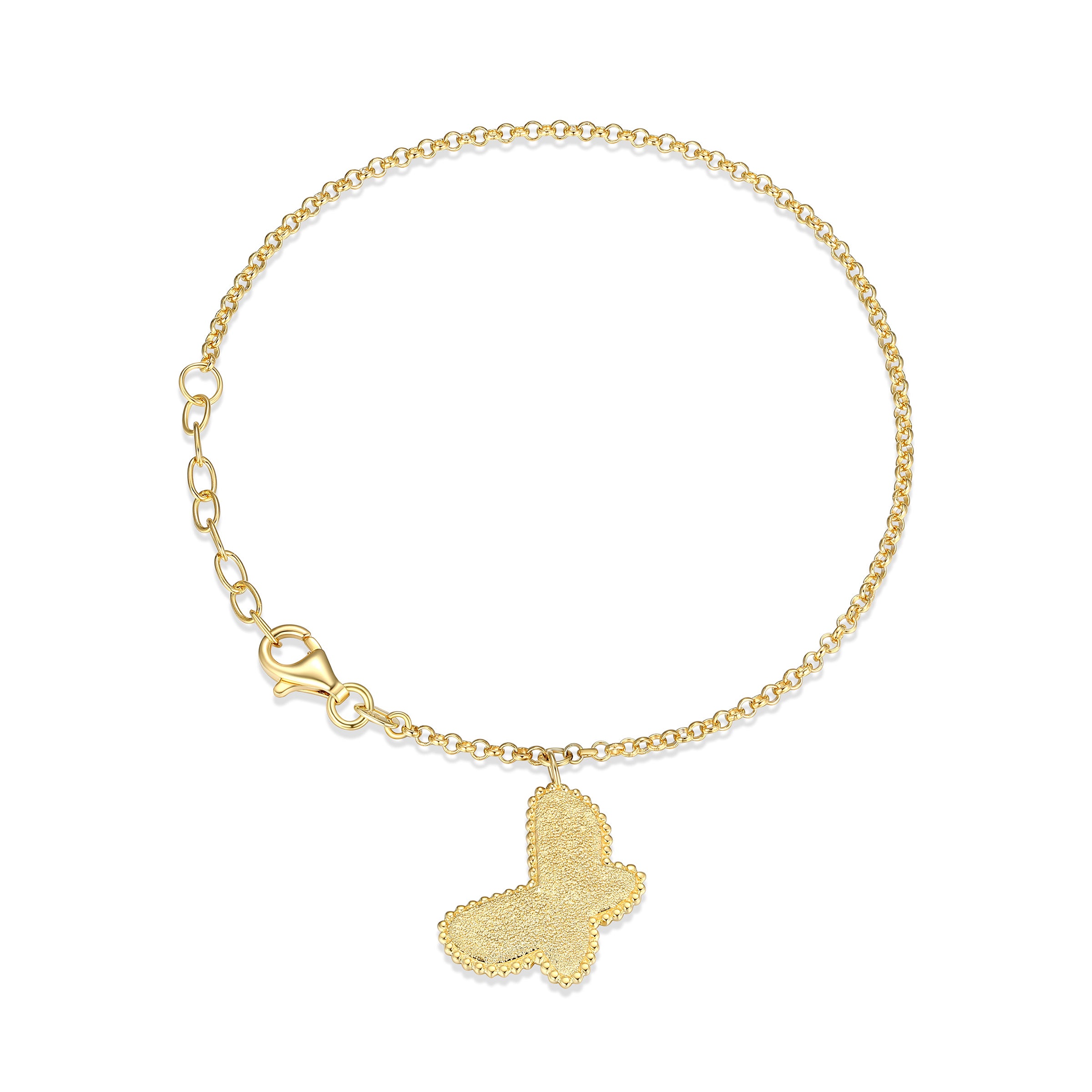 Diamond Textured Beaded Butterfly Charm Bracelet In Sterling Silver With 18K Gold Plating. 6.5+1".