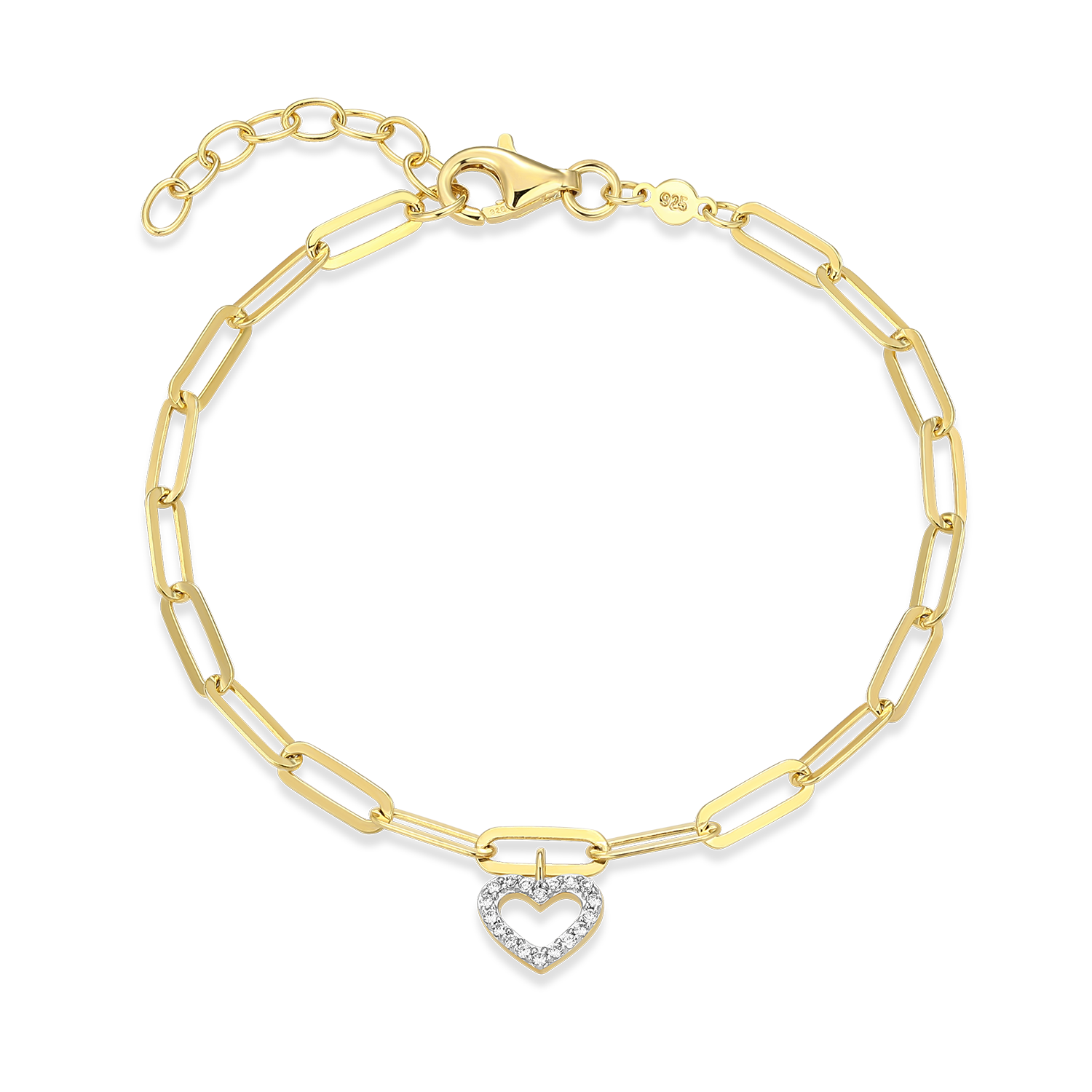 BB0169Y - Open Heart Pendant Lab-Created Diamond Paperclip Bracelet in 14K Gold & Rhodium-Plated Sterling Silver