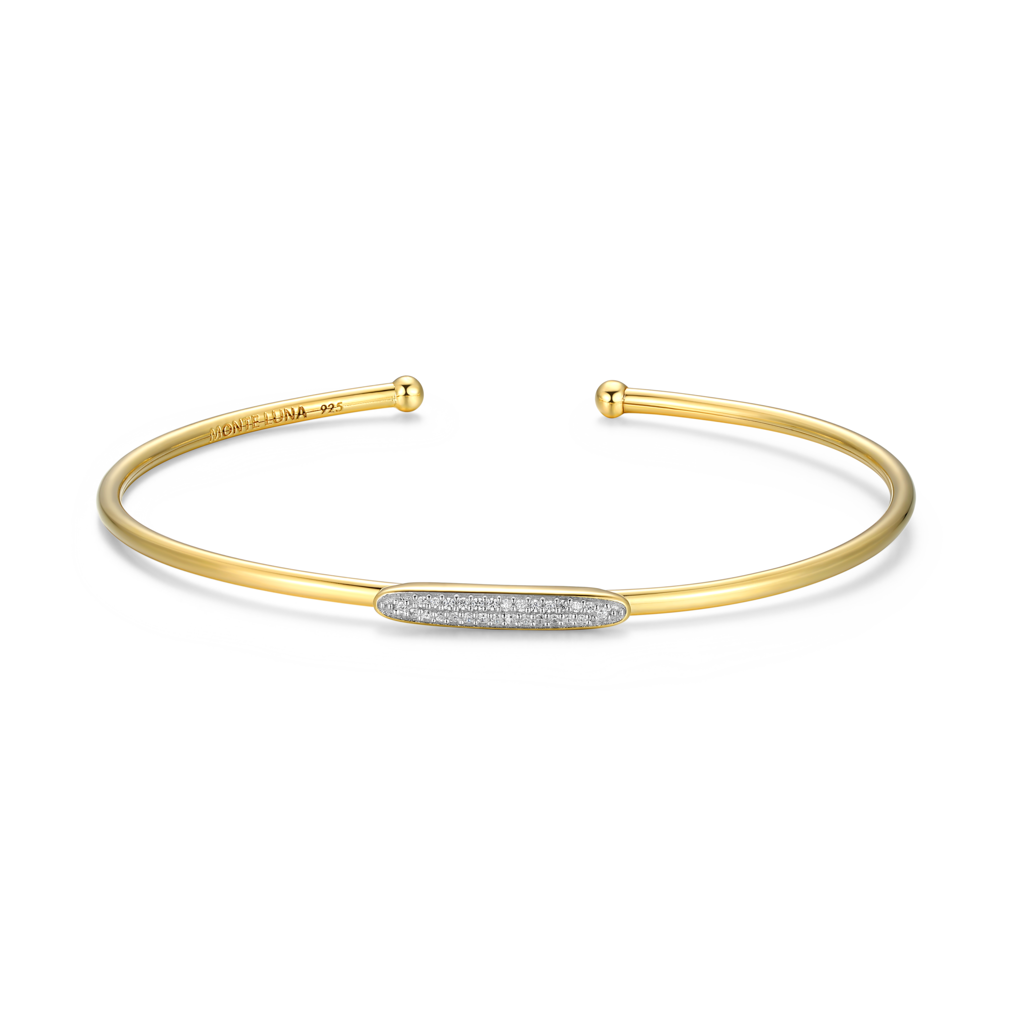 BB0166Y - Oval Accent Pave Flex Cuff Bracelet in 14K Yellow Gold-Plated Sterling Silver