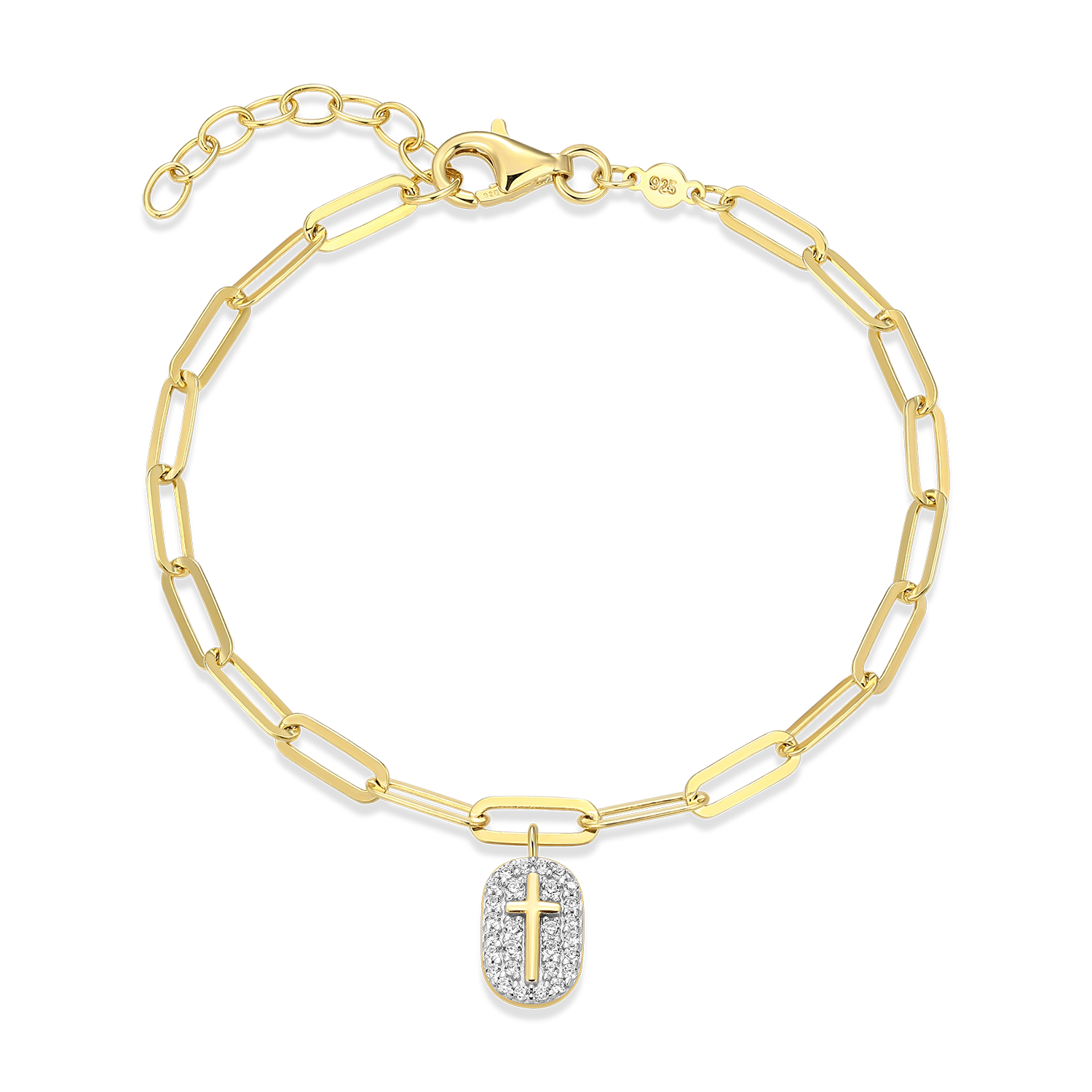 BB0171Y - Cross Tag Pendant Lab-Created Diamond Paperclip Bracelet in 14K Gold & Rhodium-Plated Sterling Silver