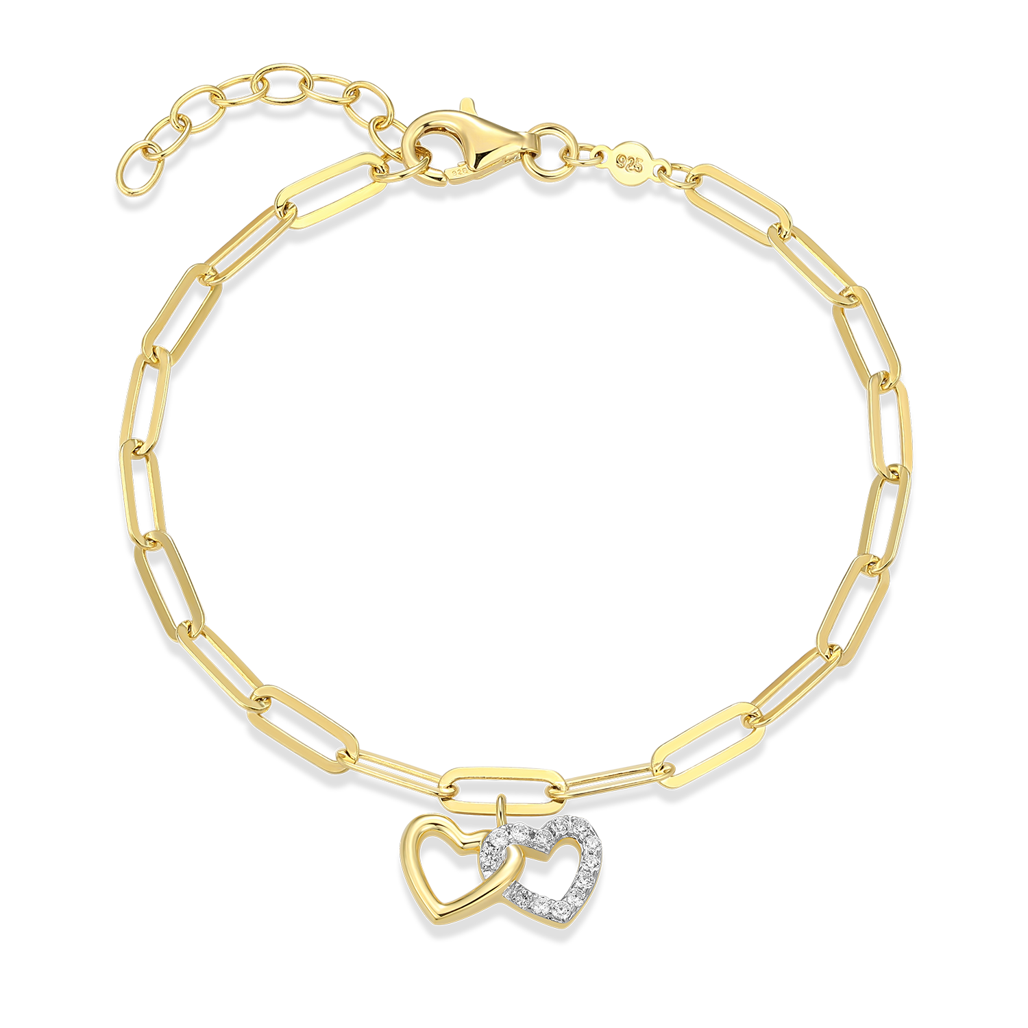 BB0172Y - Twin Heart Pendant Lab-Created Diamond Paperclip Bracelet in 14K Gold & Rhodium-Plated Sterling Silver