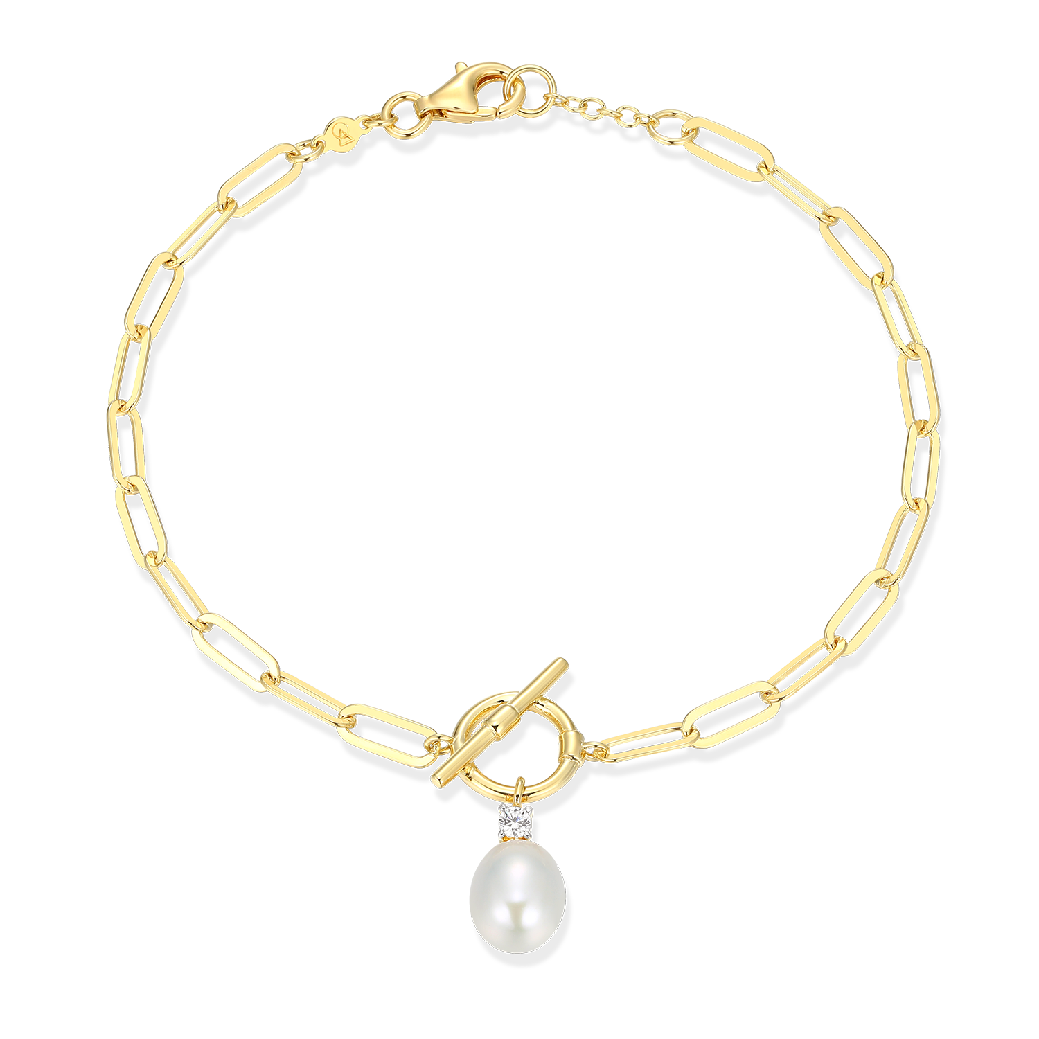 BB0233Y - Freshwater Pearl & Lab-Created Diamond Toggle-Look Paperclip Bracelet in 14K Yellow Gold-Plated Sterling Silver