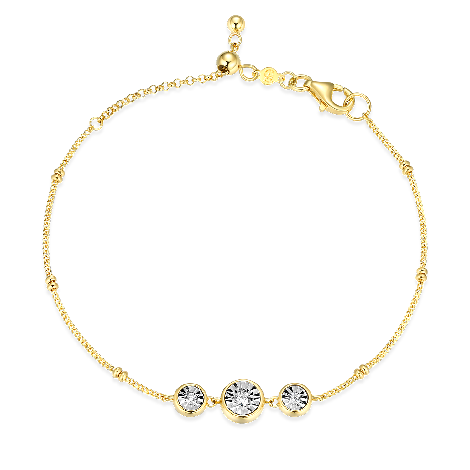 BB0219Y - Trio Bezel-Set Lab-Created Diamond Beaded Bolo Bracelet in 14K Yellow Gold-Plated Sterling Silver