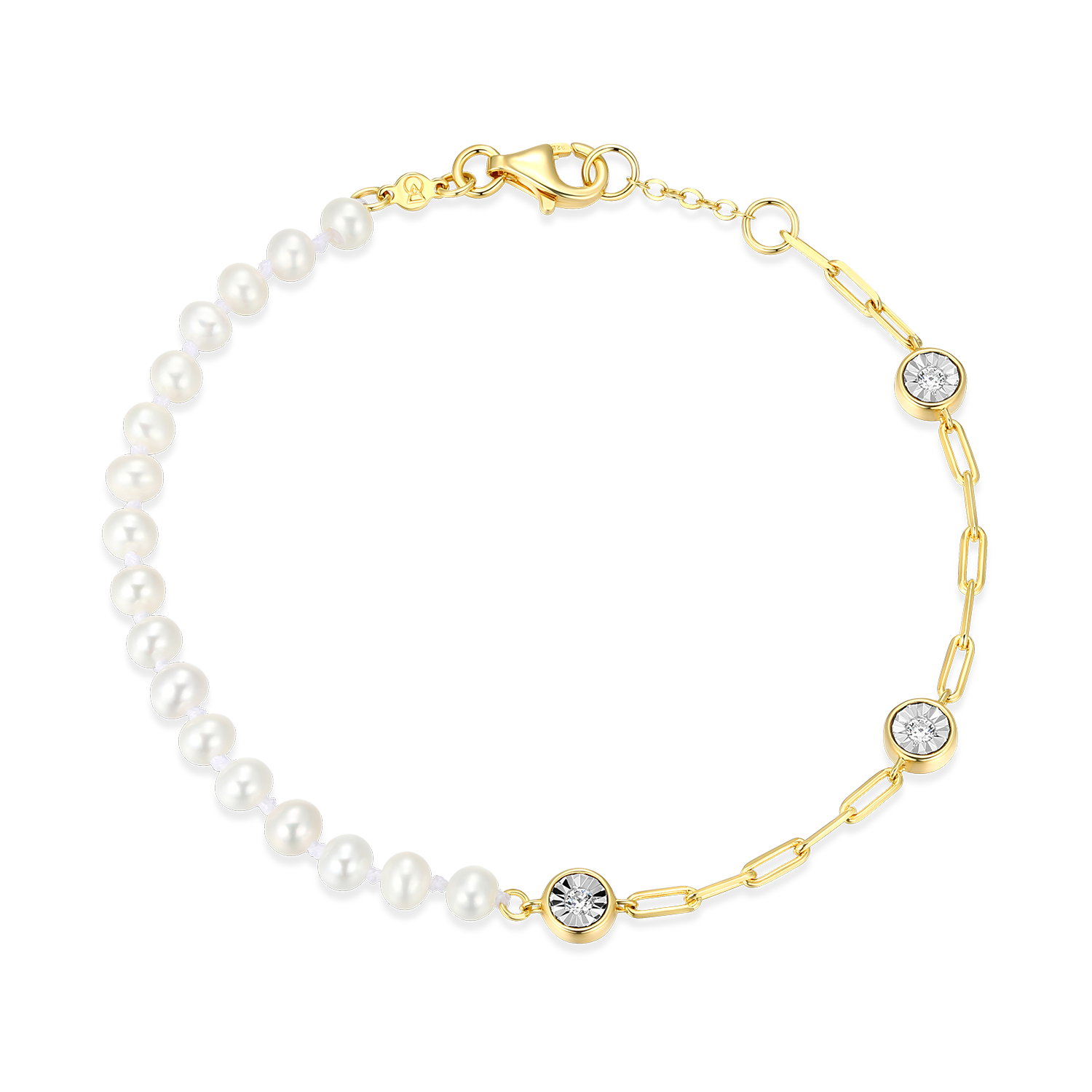 BB0235Y - Freshwater Baby Pearl & Lab-Created Diamond Station Paperclip Bracelet in 14K Yellow Gold-Plated Sterling Silver