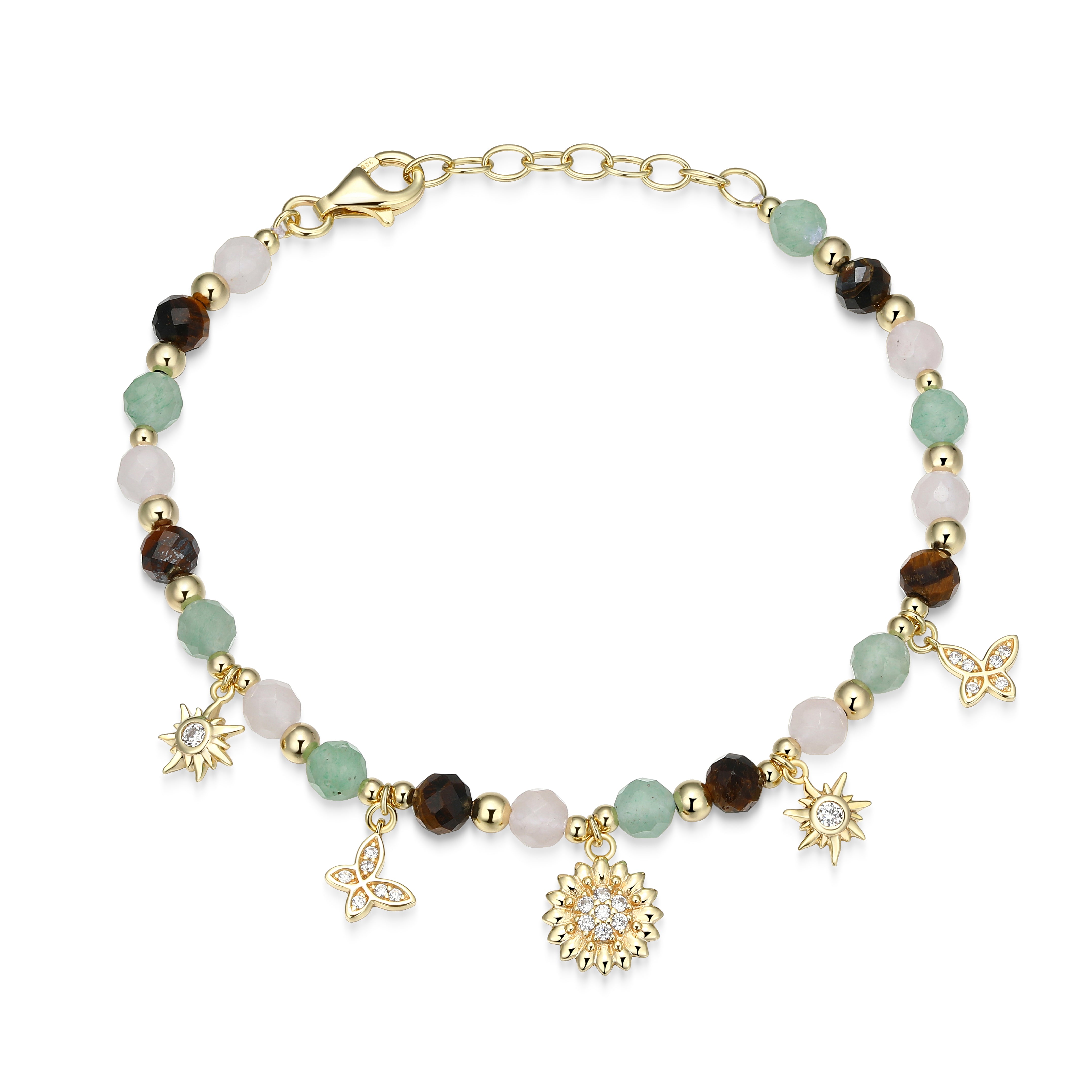 RB0203 - Genuine Dark Green Aventurine, Rose Quartz & Tiger's Eye Beaded Charm Bracelet