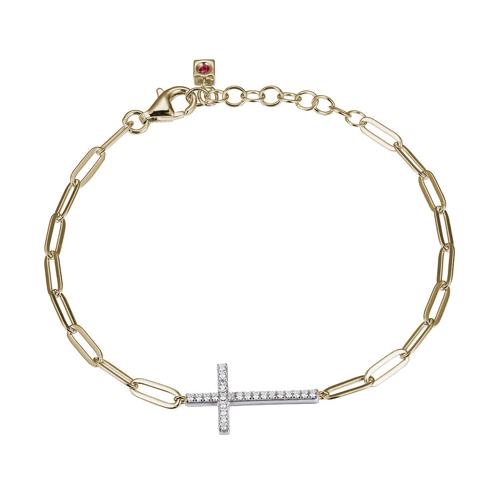 Sterling Silver Bracelet Made Of Paperclip Chain (3Mm) And Cz Cross In Center, Measures 6.5" Long, Plus 1.25" Extender For Adjustable Length, 2 Tone, 18K Yellow Gold And Rhodium Plated