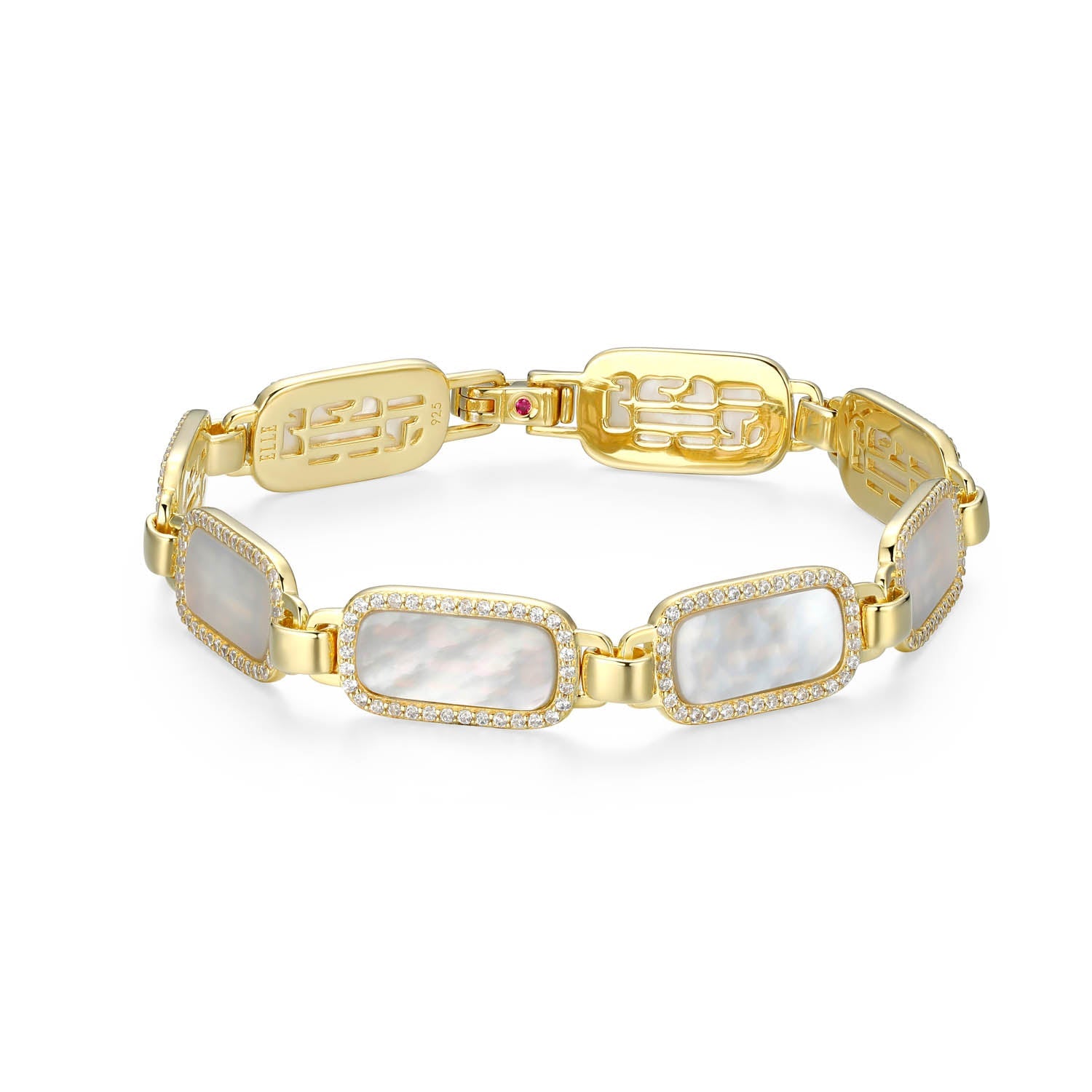 Sterling Silver Elle "Allure 2.0" Yellow Gold Plated Mother Of Pearl And White Cz Bracelet 6.75"