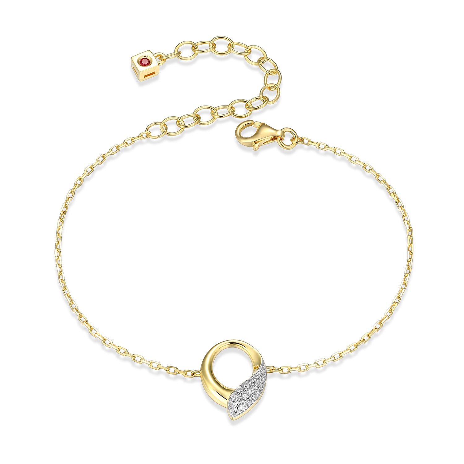 Sterling Silver Elle "Amour" Yellow Gold  And Rhodium Plated White Cz Bracelet 6.5" + 2" Extension Faceted Crossed Diamond Cut Cable Chain