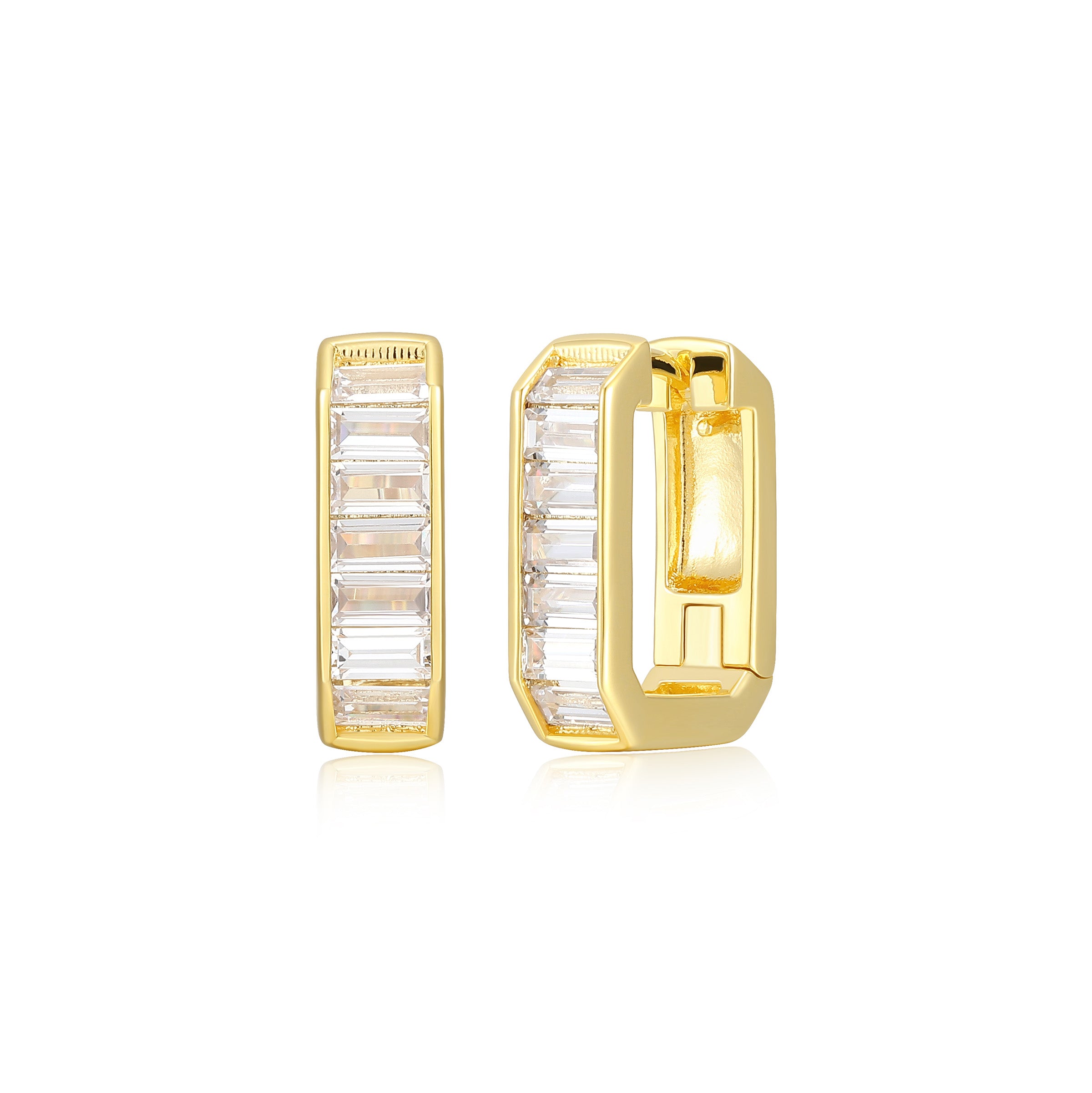Diamondlite Cz 16Mm Baguette Hoop Earrings In Sterling Silver With 18K Gold Plating.