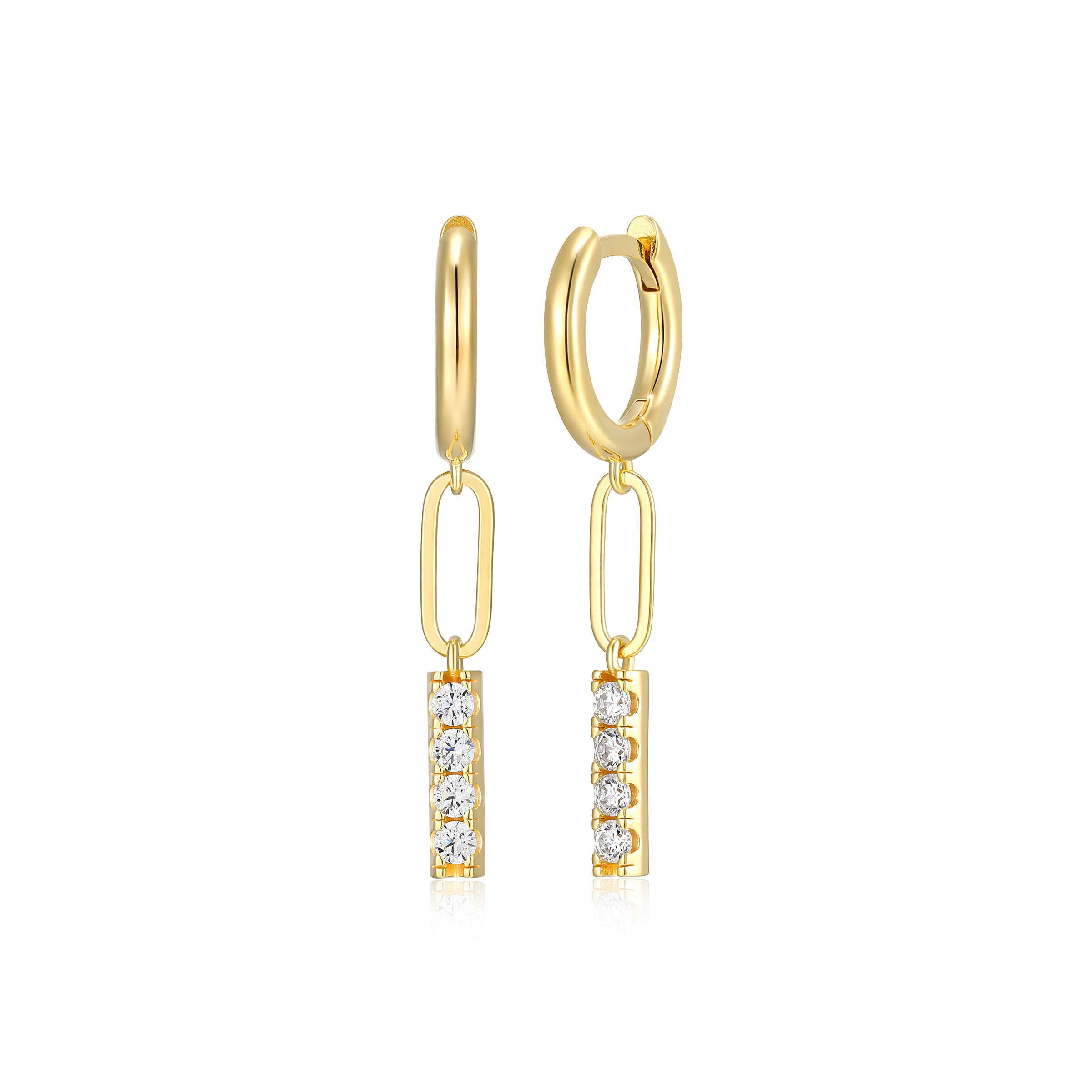 Diamondlite Cz 12mm Huggie Hoop Bar Drop &amp; Paperclip Link Earrings In Sterling Silver With 18k Gold Plating.