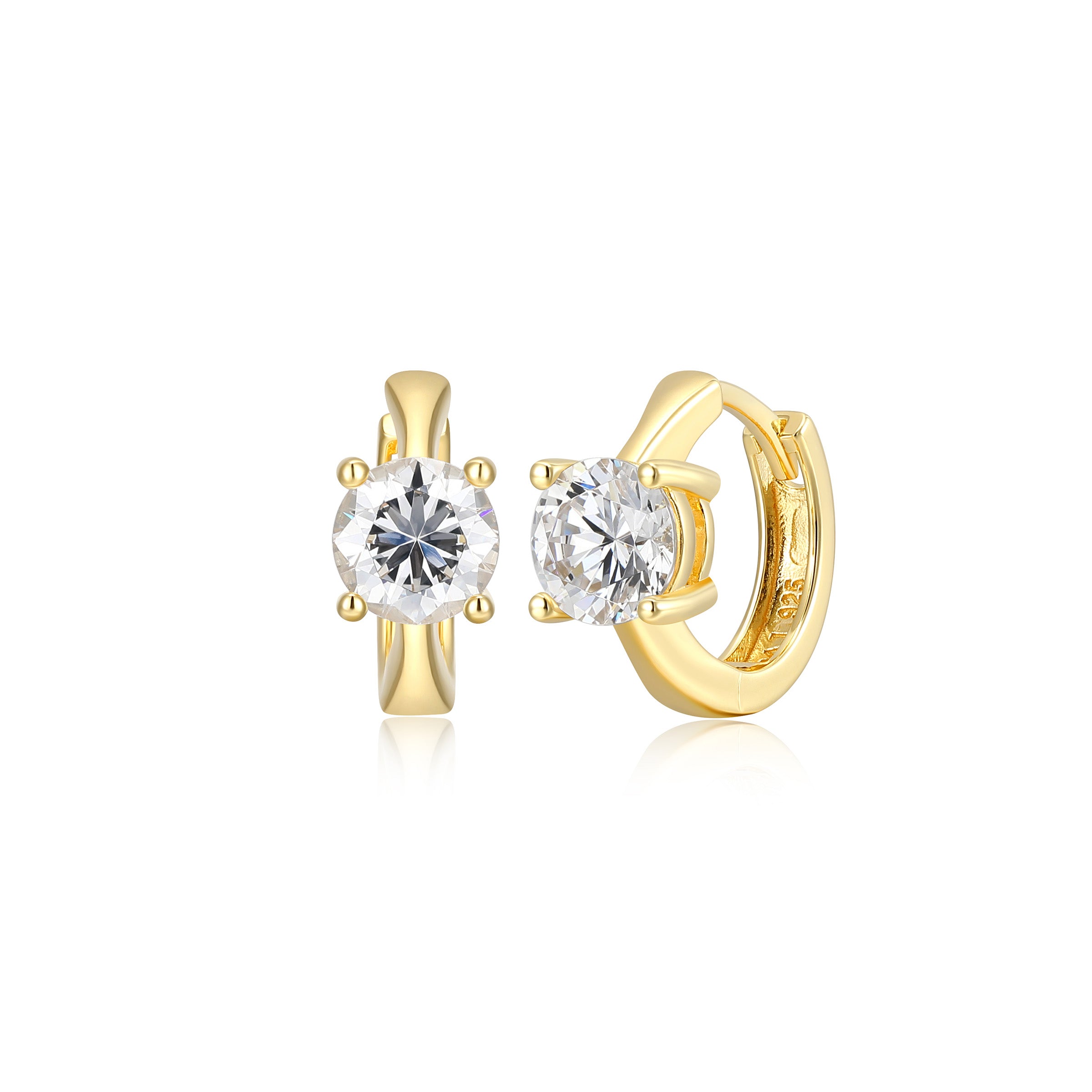 6Mm Round Diamondlite Cz 15Mm Huggie Hoop Earrings In Sterliing Silver With 18K Gold Plating.