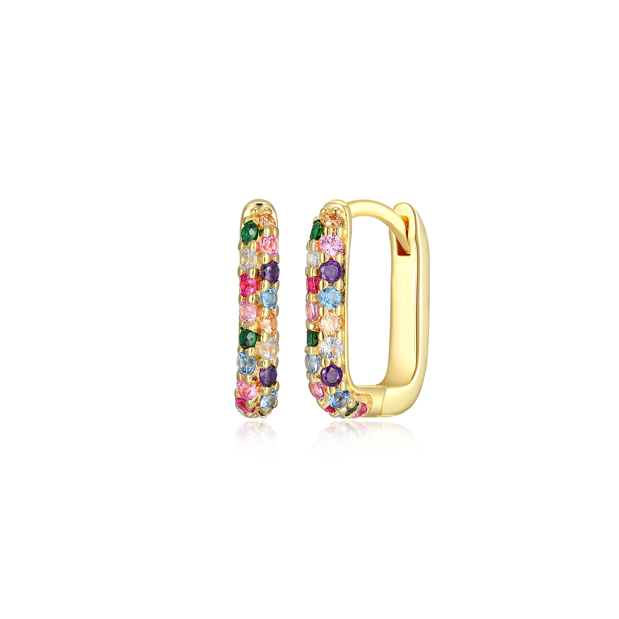 Rainbow Pave 12X10Mm Oblong Link Hoop Earrings In Sterling Silver With 18K Gold Plating.