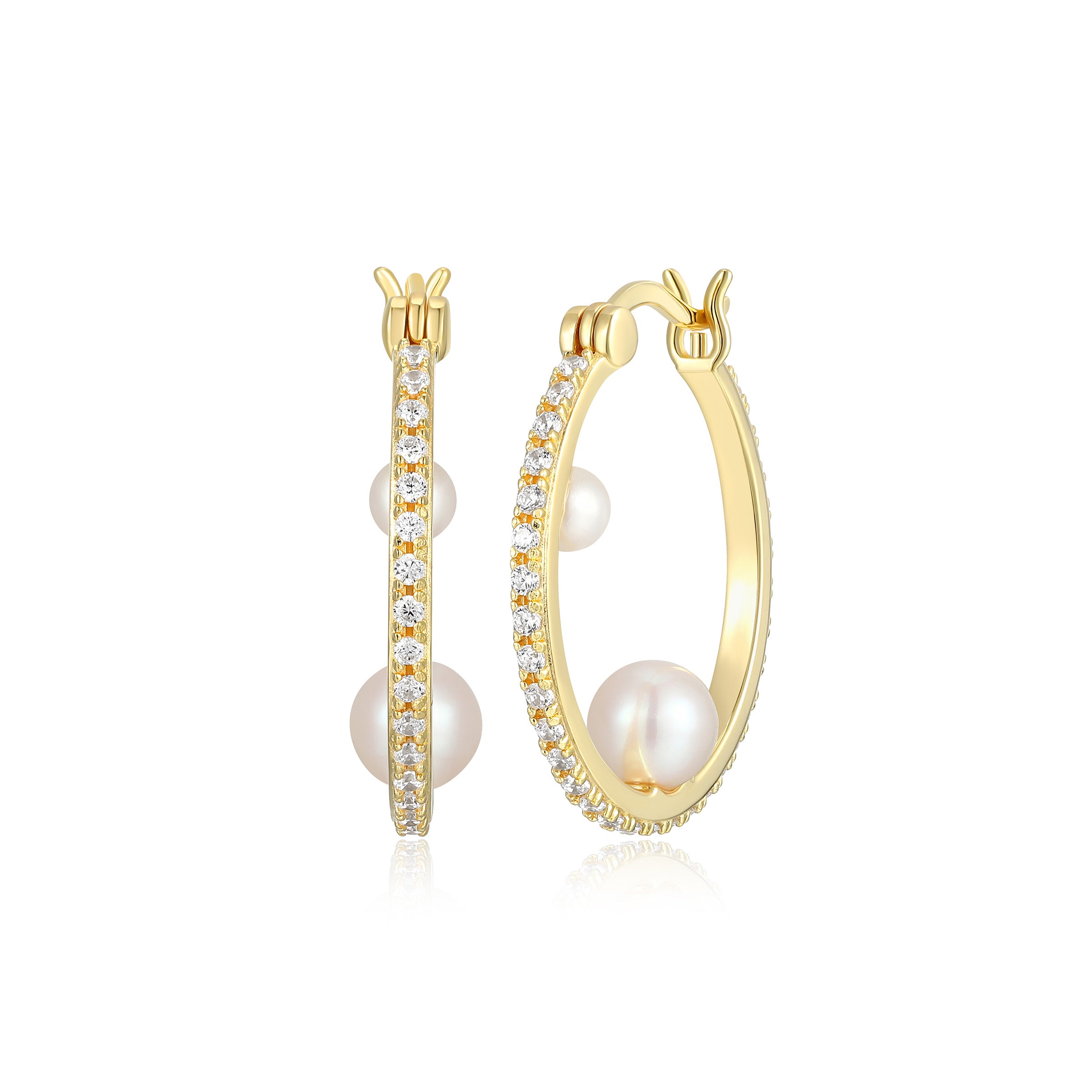 Diamondlite Cz Floating 3.5 &amp; 5mm Genuine White Pearl 22mm Hoop Earrings In Sterling Silver With 18k Gold Plating.