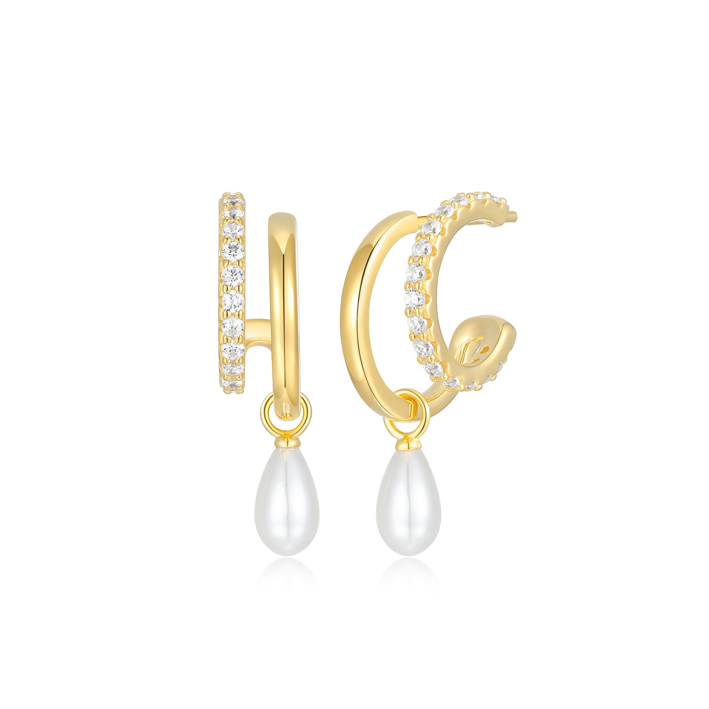 Diamondlite Cz And 7X4Mm Genuine Pearl  Double Hoop Illusion Earrings In Sterling Silver With 18K Gold Plating.