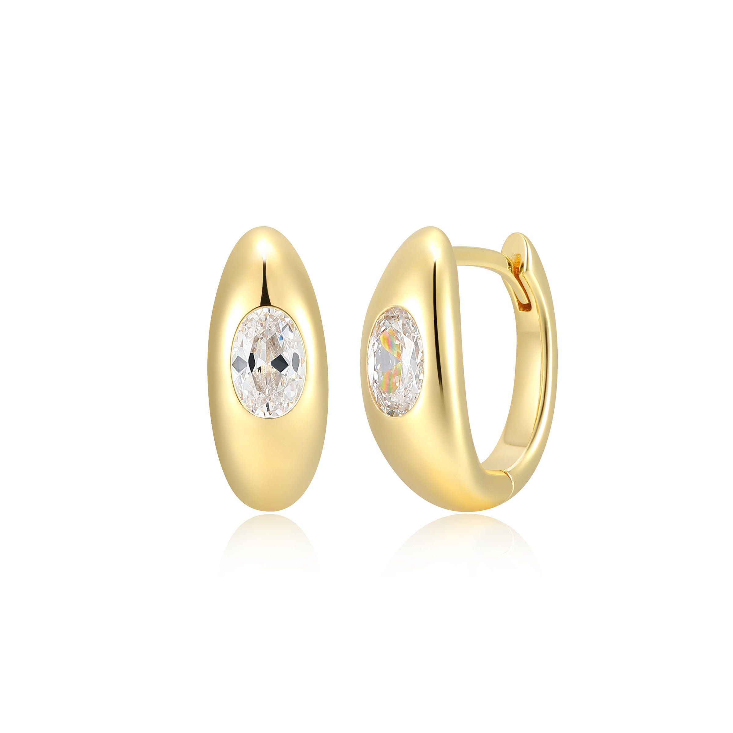 Diamondlite Cz 6X4M Oval Dome Shaped 15Mm Huggie Hoop Earrings In Sterling Silver With 18K Gold Plating.