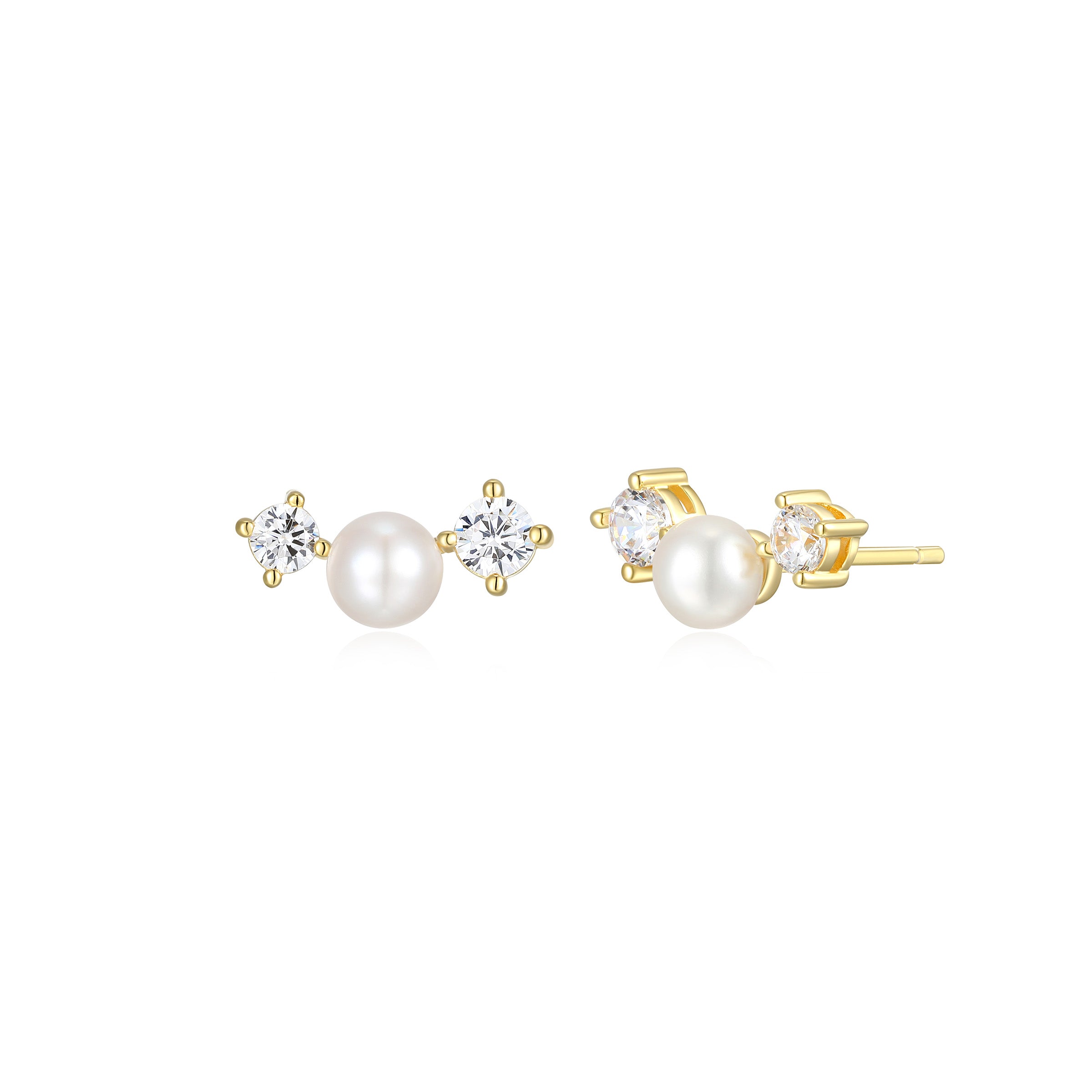 Diamondlite Cz And 4Mm Round Genuine Pearl Curved Stud Earrings In Sterling Silver With 18K Gold Plating.