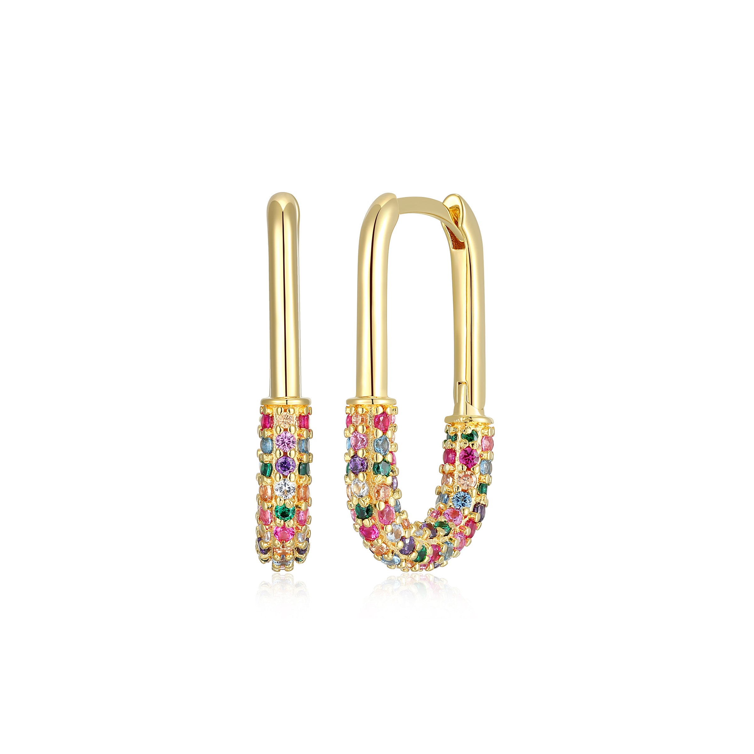 Rainbow Pave 23X13Mm Oblong Link Hoop Earrings In Sterling Silver With 18K Gold Plating.