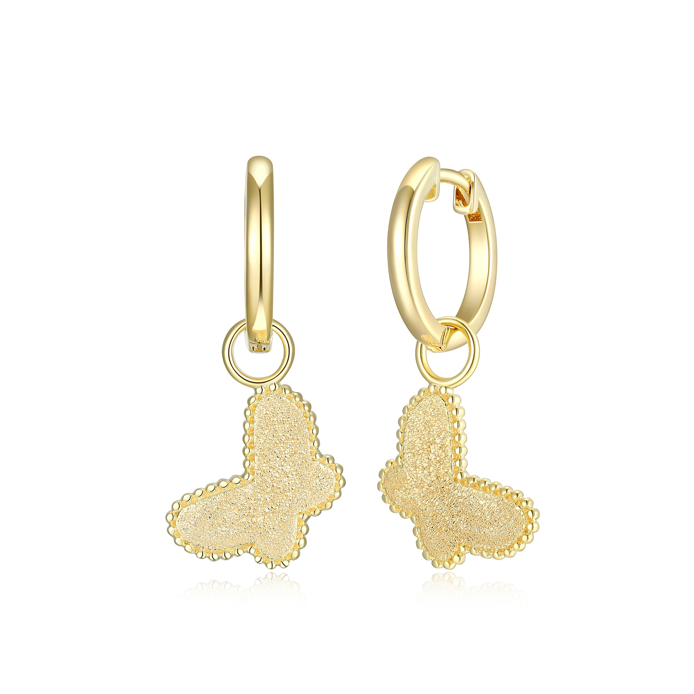 Diamond Textured Beaded Butterfly 2-In-1 13.5 Huggie Drop Earrings In Sterling Silver With 18K Gold Plating.