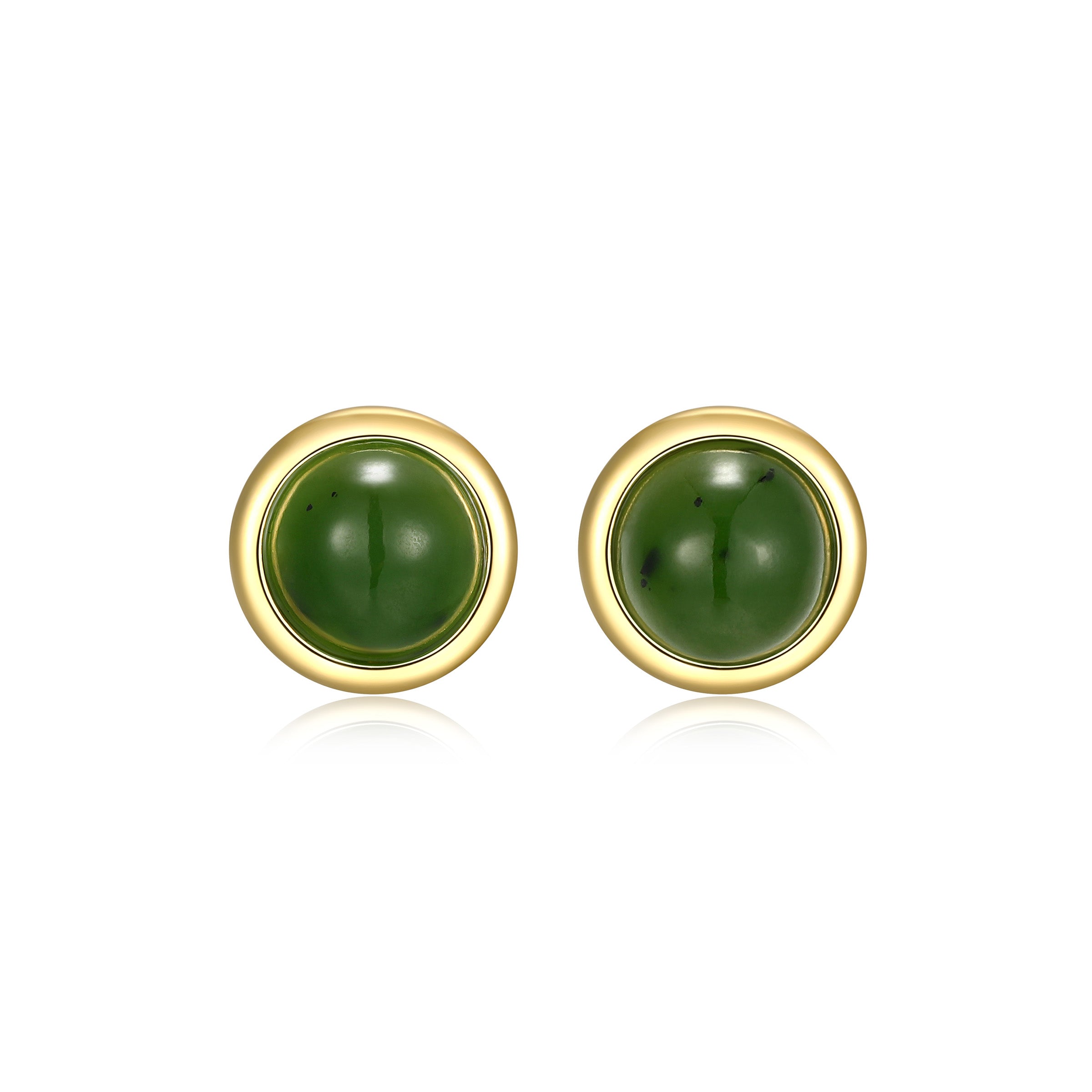 6Mm Round Genuine Green Nephrite Jade Stud Earrings In Sterling Silver With 18K Gold Plating.