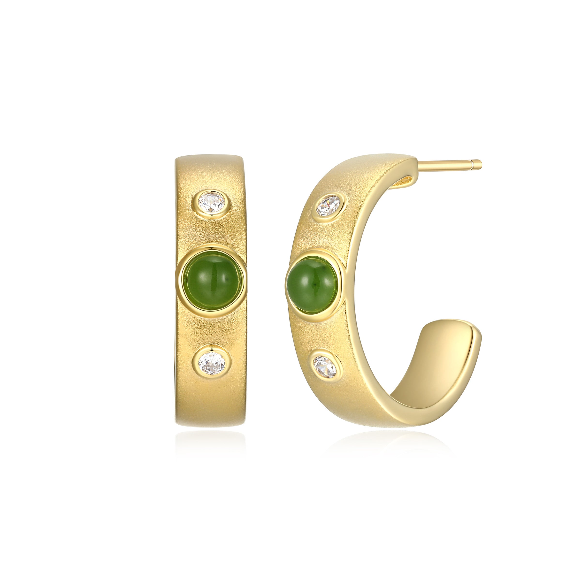 Diamondlite Cz And 4Mm Genuine Green Nephrite Jade 20Mm Hoop Earrings In Sterling Silver With Matte18K Gold Plating.