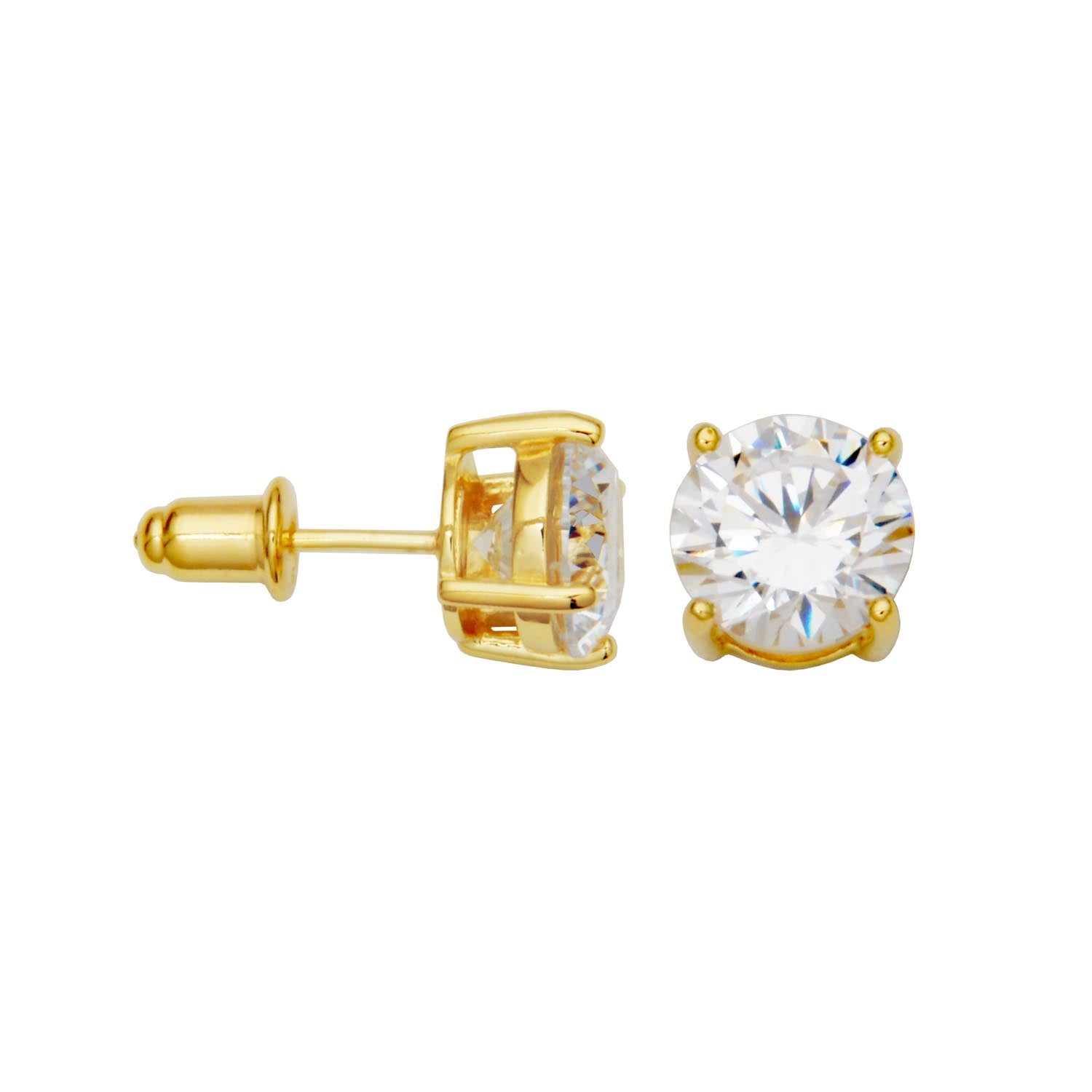 Sterling Silver "Glamorous" Yellow Gold  Plated 8Mm Cubic Zirconia Stud Earring