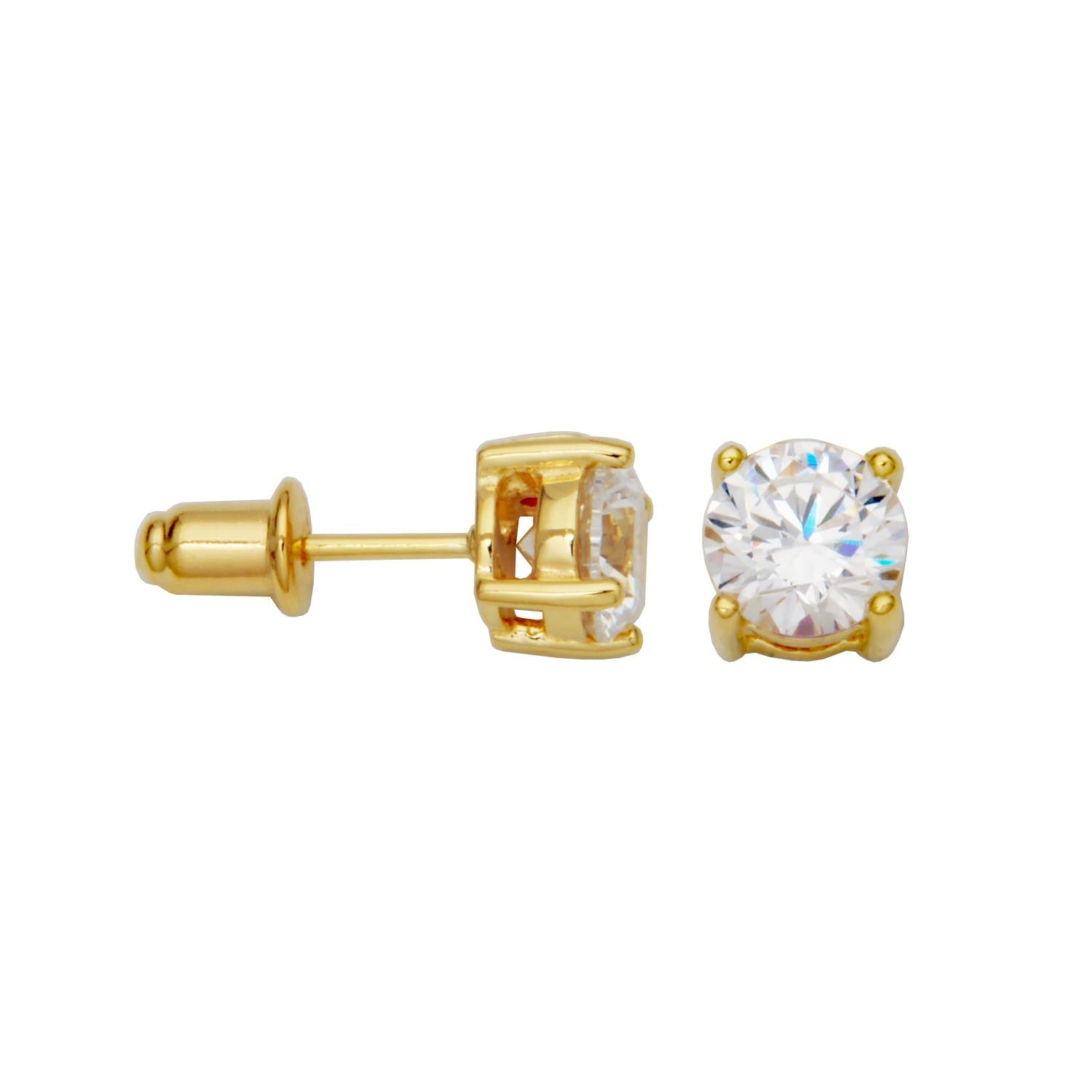 Sterling Silver "Glamorous" Yellow Gold  Plated 6Mm Cubic Zirconia Stud Earring