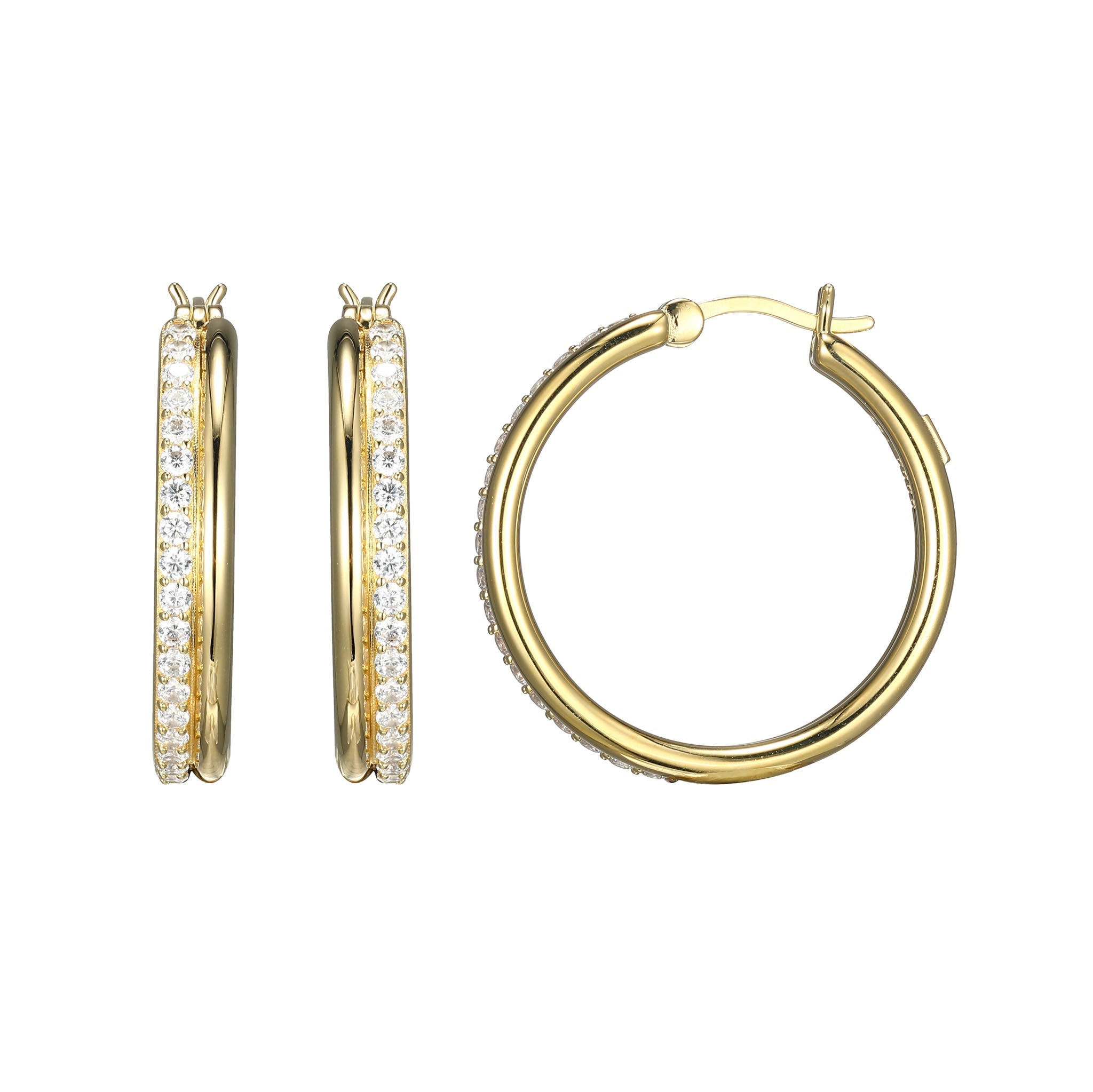 These Goddess Collection Hoop Earrings Exude Elegance With Cubic Zirconia Stones Set In 18K Gold-Plated Sterling Silver. Measuring 26Mm, They Offer A Timeless Look That Complements Any Style.