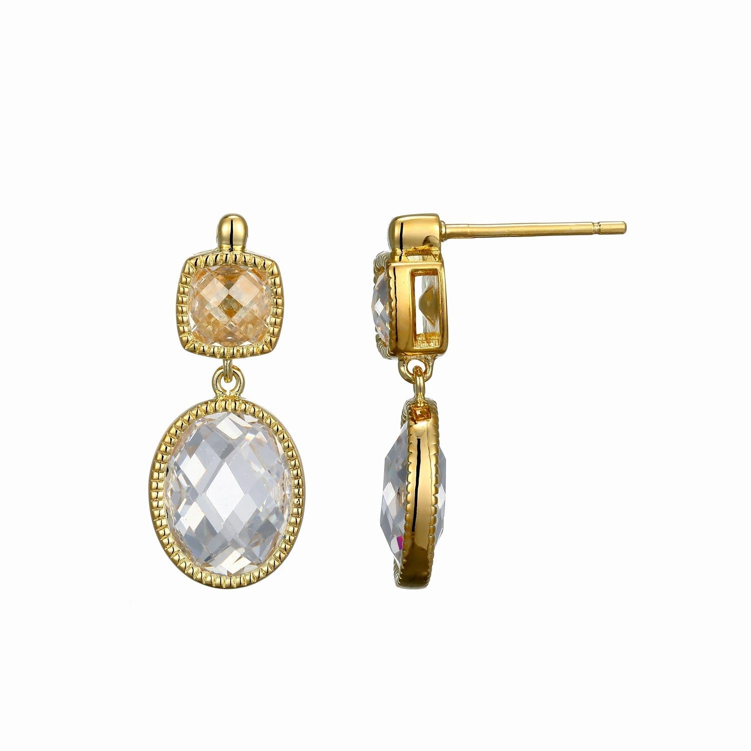 These Essence Collection Drop Earrings In Yellow Gold-Plated Sterling Silver Feature A Refined Two-Stone Design. A Faceted Square Zirconia And A Larger Oval Stone, Both Set In Detailed Milgrain Bezels, Create A Classically Sophisticated Vintage Look.