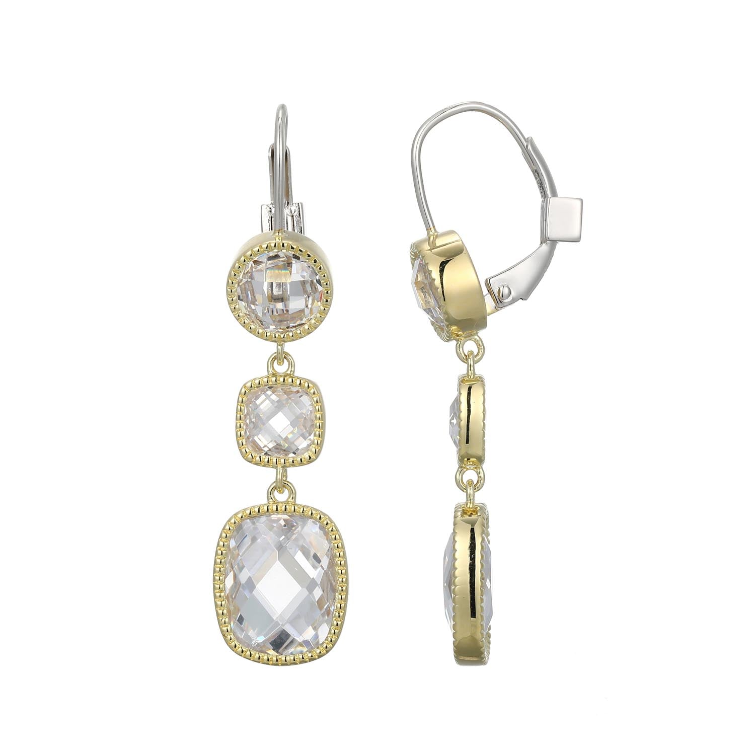 Shimmering With Every Movement, These Gold-plated Sterling Silver Earrings Feature Sparkling Cubic Zirconia In Round, Cushion, And Square Cutsâ€”each Set In Milgrain Bezels. From The Essence Collection, They Combine Vintage Charm And Modern Elegance.