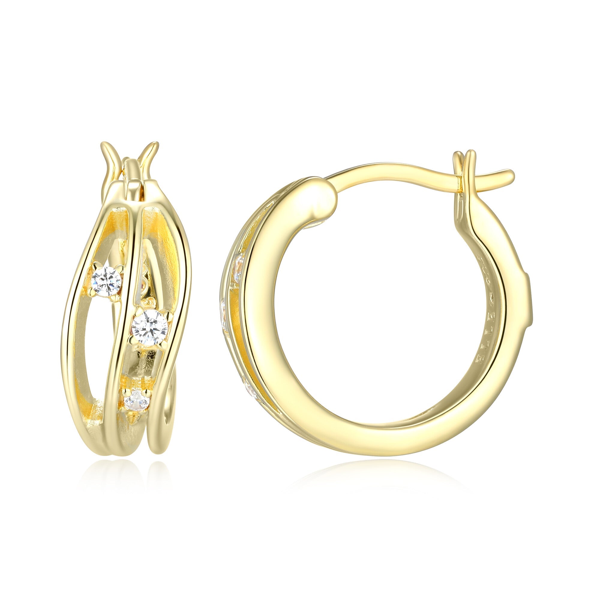 Sterling Silver Elle "Between" Yellow Gold Plated Hoop Earrings Cubic Zirconia Fine Matt Finish Size 12Mm
