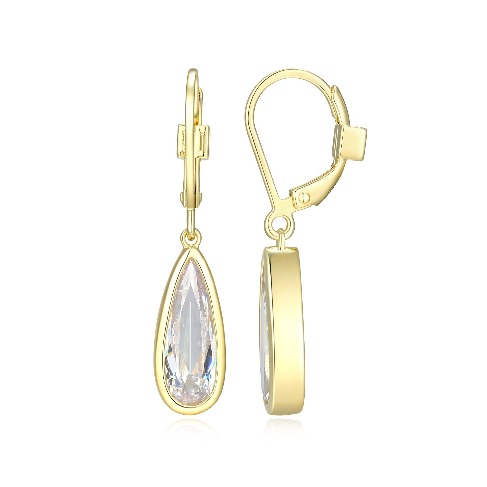 Sterling Silver Elle "Lustre" Yellow Gold Plated Leverback Earrings Cubic Zirconia Pr 14X5Mm