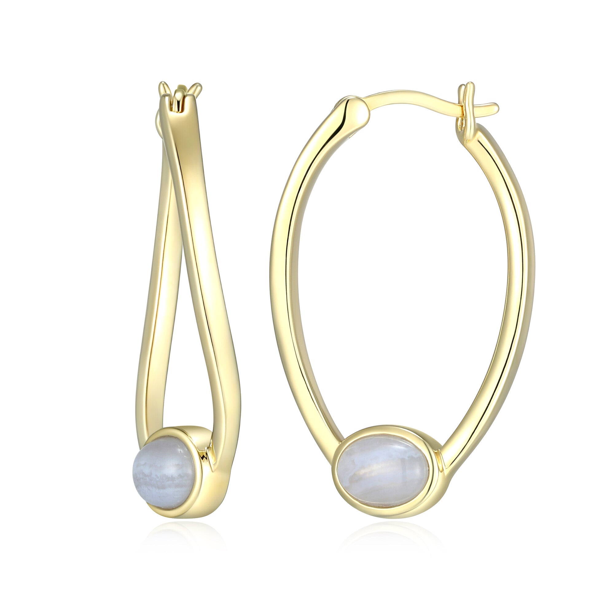 Sterling Silver Elle "Lustre" Yellow Gold Plated Hoop Earrings Genuine Blue Lace Agate Ov 7X5Mm Size 30Mm