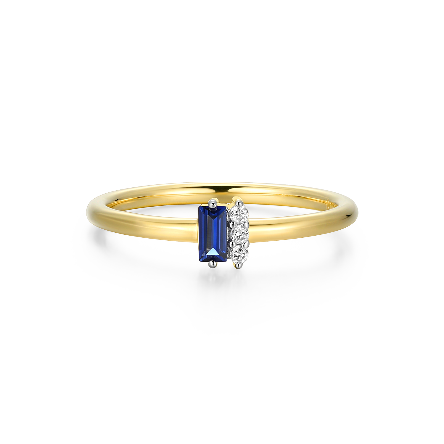 BR0174Y - Lab-Created Sapphire Baguette & Diamond Round Cluster Ring in 14K Gold & Rhodium-Plated Sterling Silver - Size 8