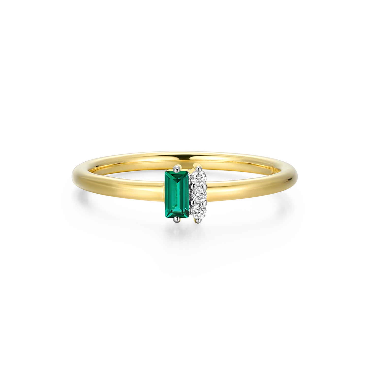 BR0175Y - Lab-Created Emerald Baguette & Diamond Round Cluster Ring in 14K Gold & Rhodium-Plated Sterling Silver - Size 6