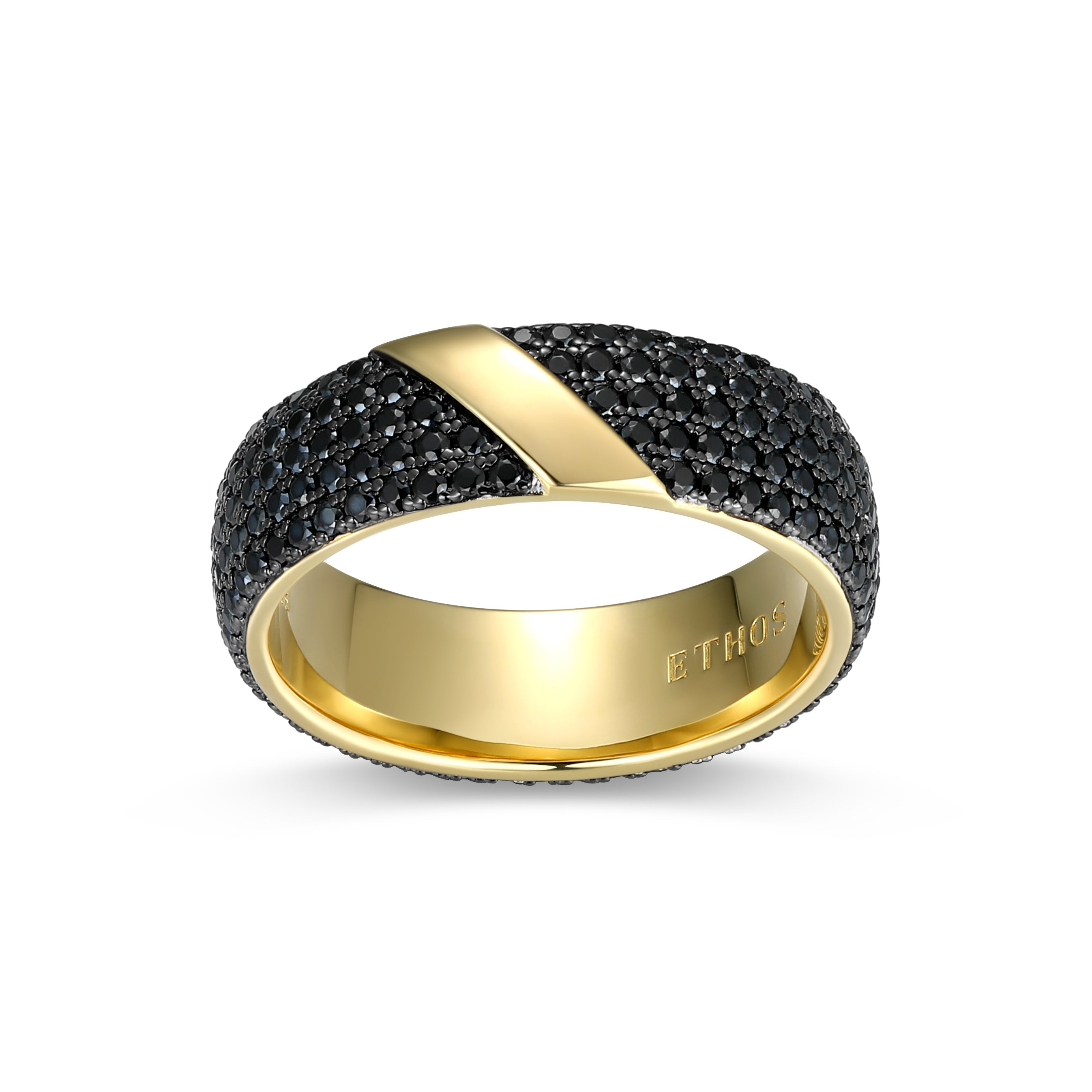 UR0091 - Eclipse Genuine Black Sapphire Two - Tone Eternity Band Ring in 14K Yellow Gold - Plated Sterling Silver