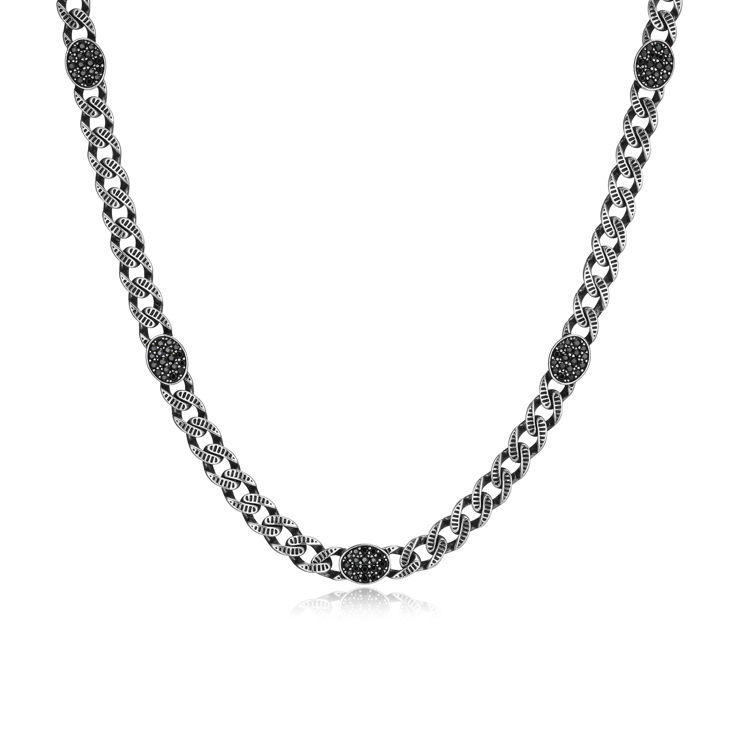 UN0075 - Ridge Cuban Chain with Genuine Black Sapphire Pave Station Necklace in Oxidized Rhodium - Plated Sterling Silver