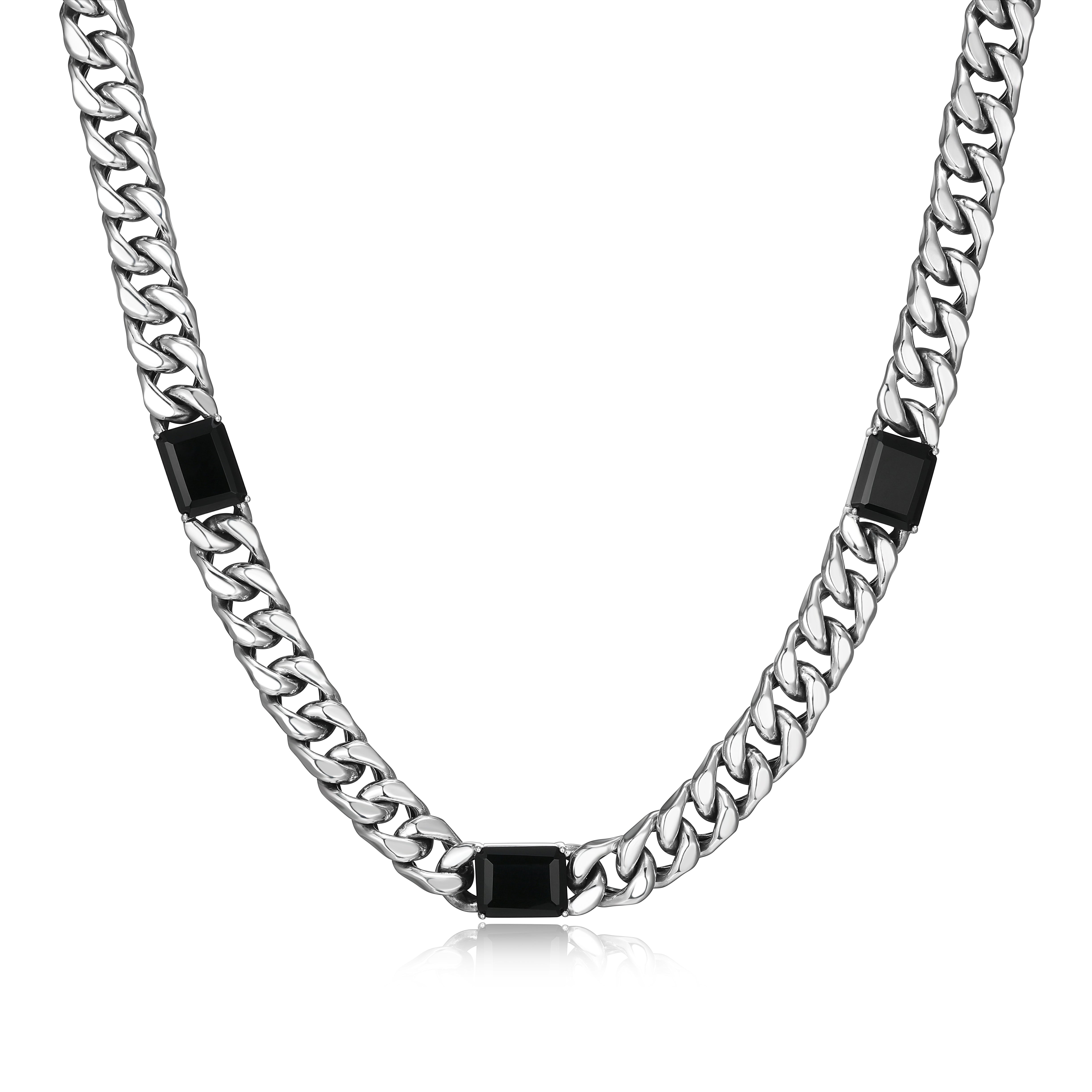 UN0078 - Links Genuine Black Sapphire Cuban Chain Station Necklace in Oxidized Rhodium - Plated Sterling Silver
