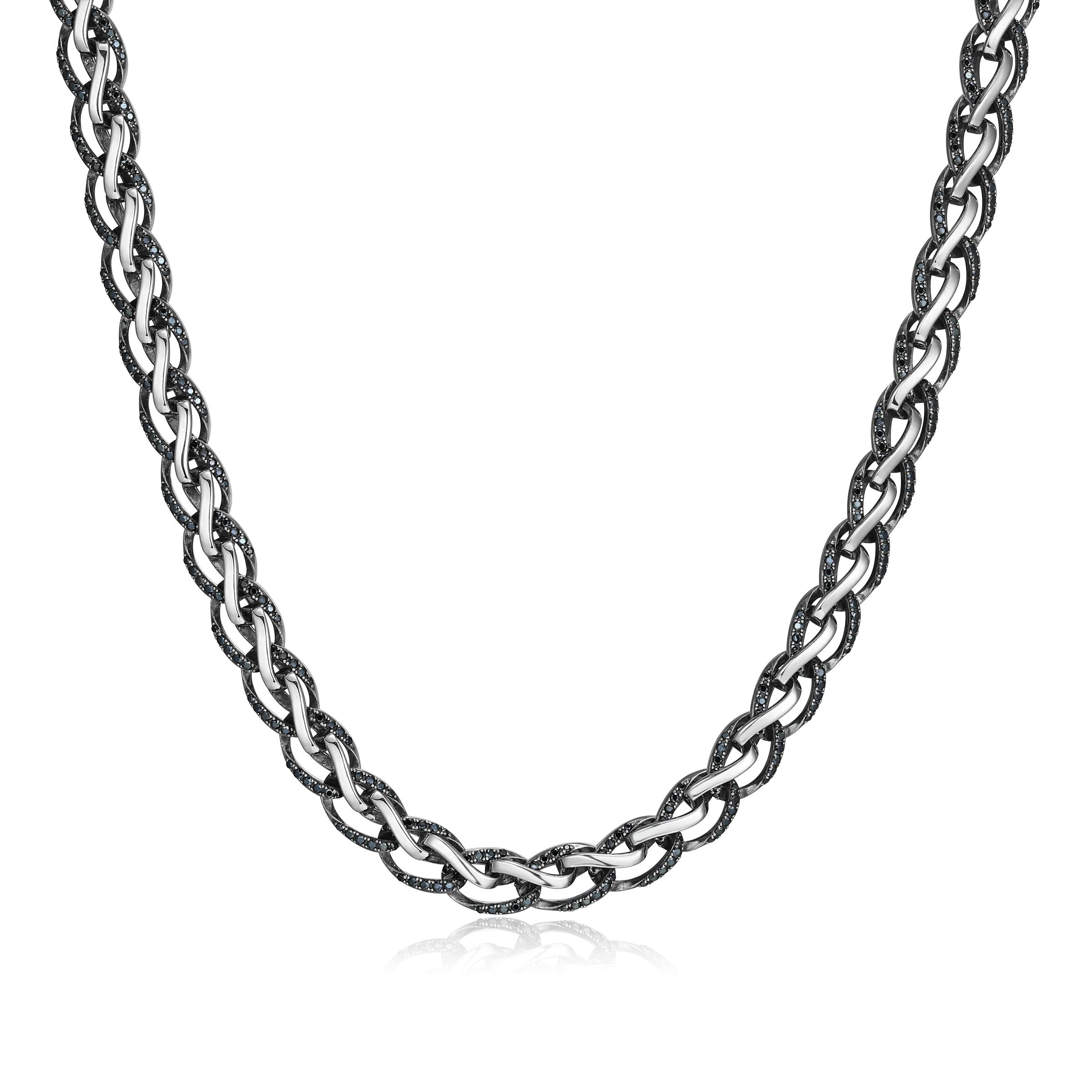 UN0079 - Links Pave Genuine Black Sapphire Foxtail Chain Necklace in Oxidized Rhodium - Plated Sterling Silver