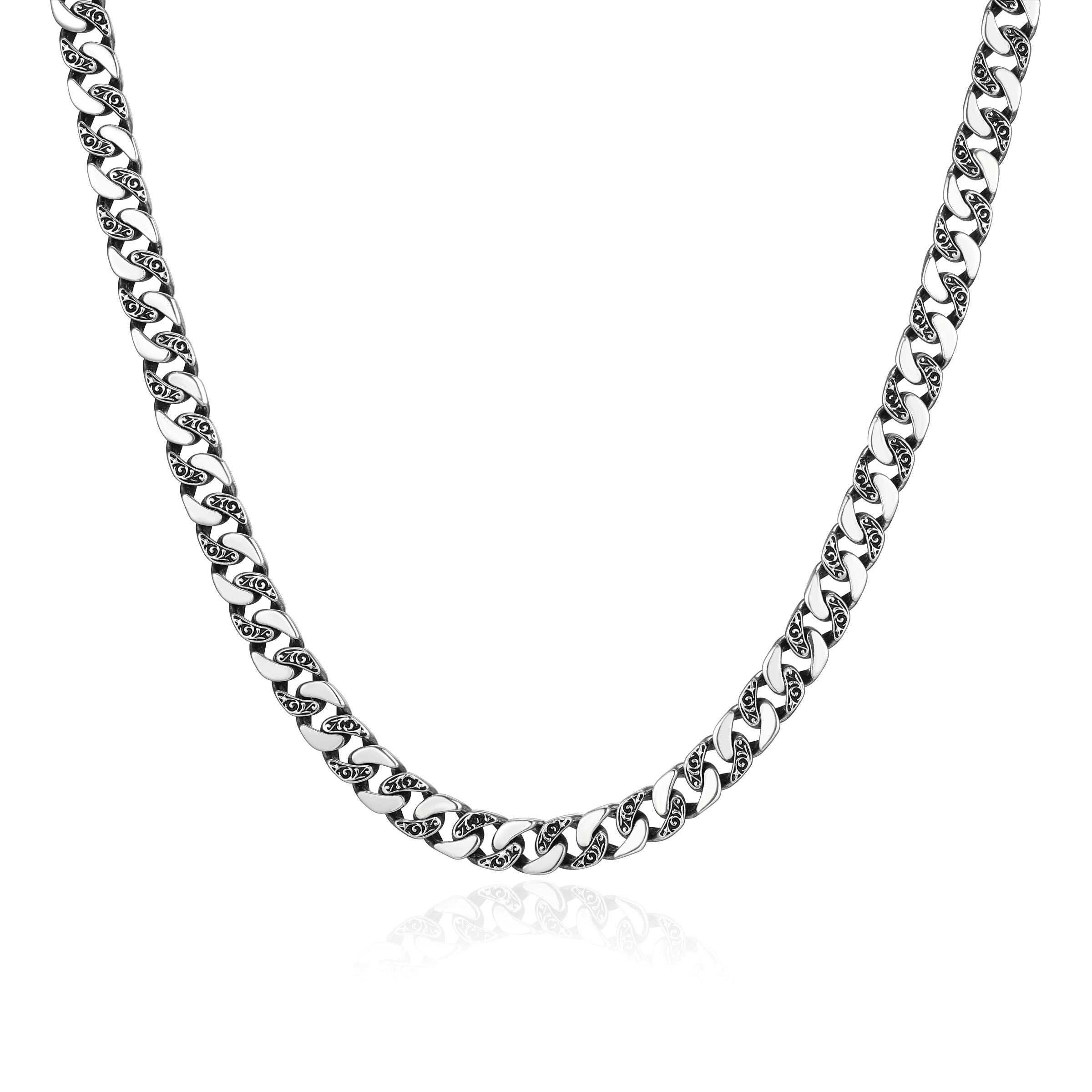 UN0086 - Chisel Contrast Cuban Link Chain Necklace in Oxidized Rhodium - Plated Sterling Silver