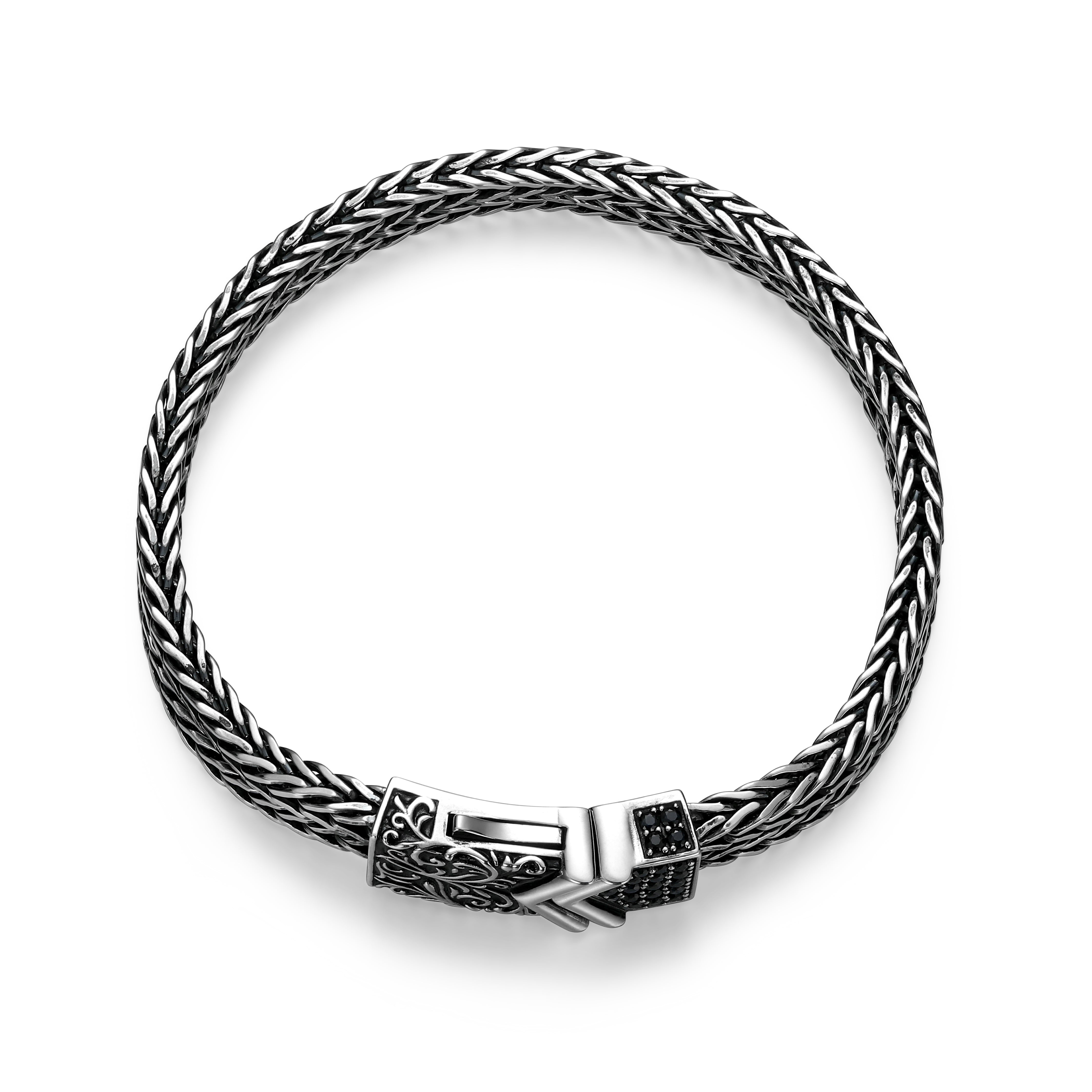 UB0084 - Chisel & Chevron Genuine Black Sapphire Pave Bracelet in Oxidized Rhodium - Plated Sterling Silver
