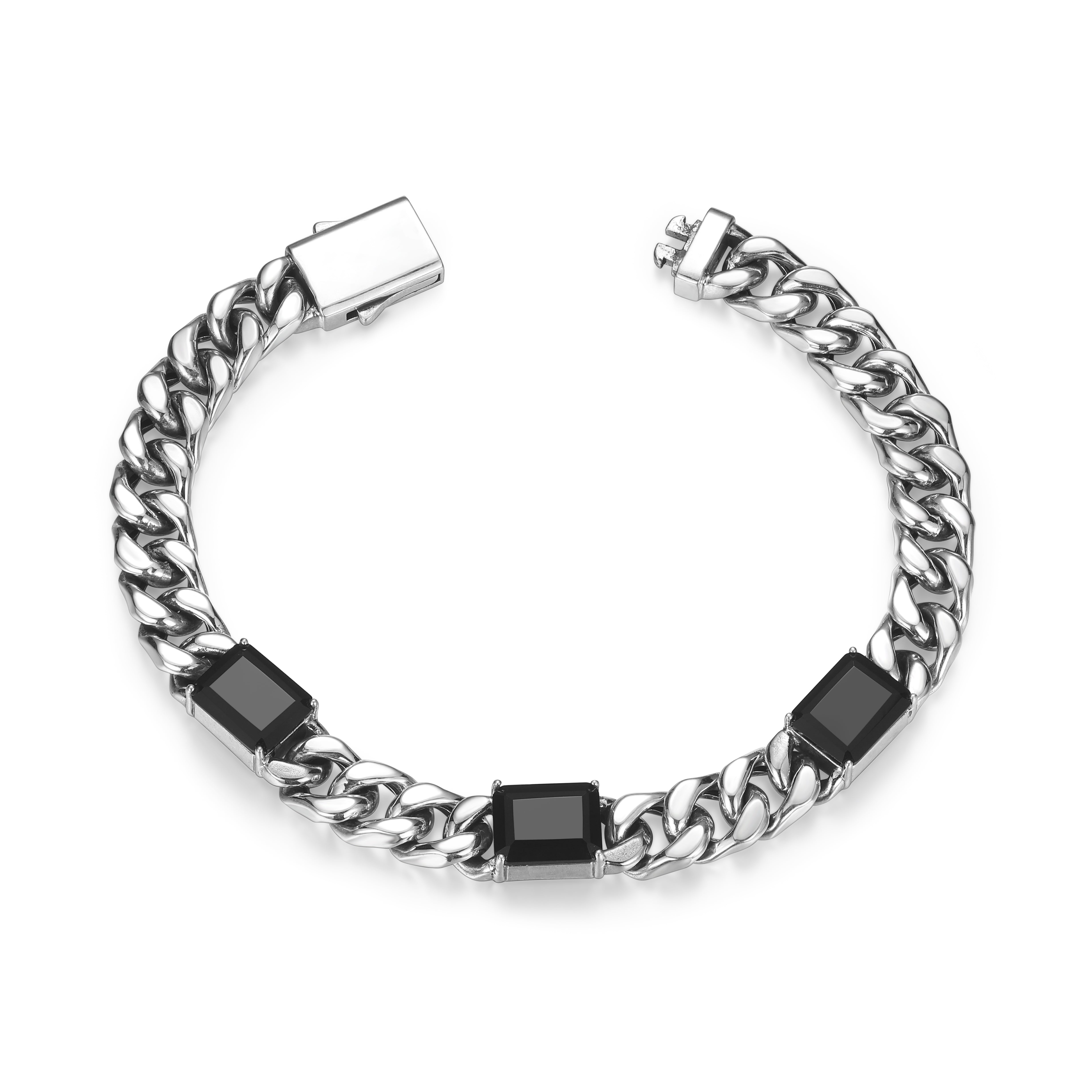 UB0078 - Links Genuine Black Sapphire Cuban Chain Station Bracelet in Oxidized Rhodium - Plated Sterling Silver