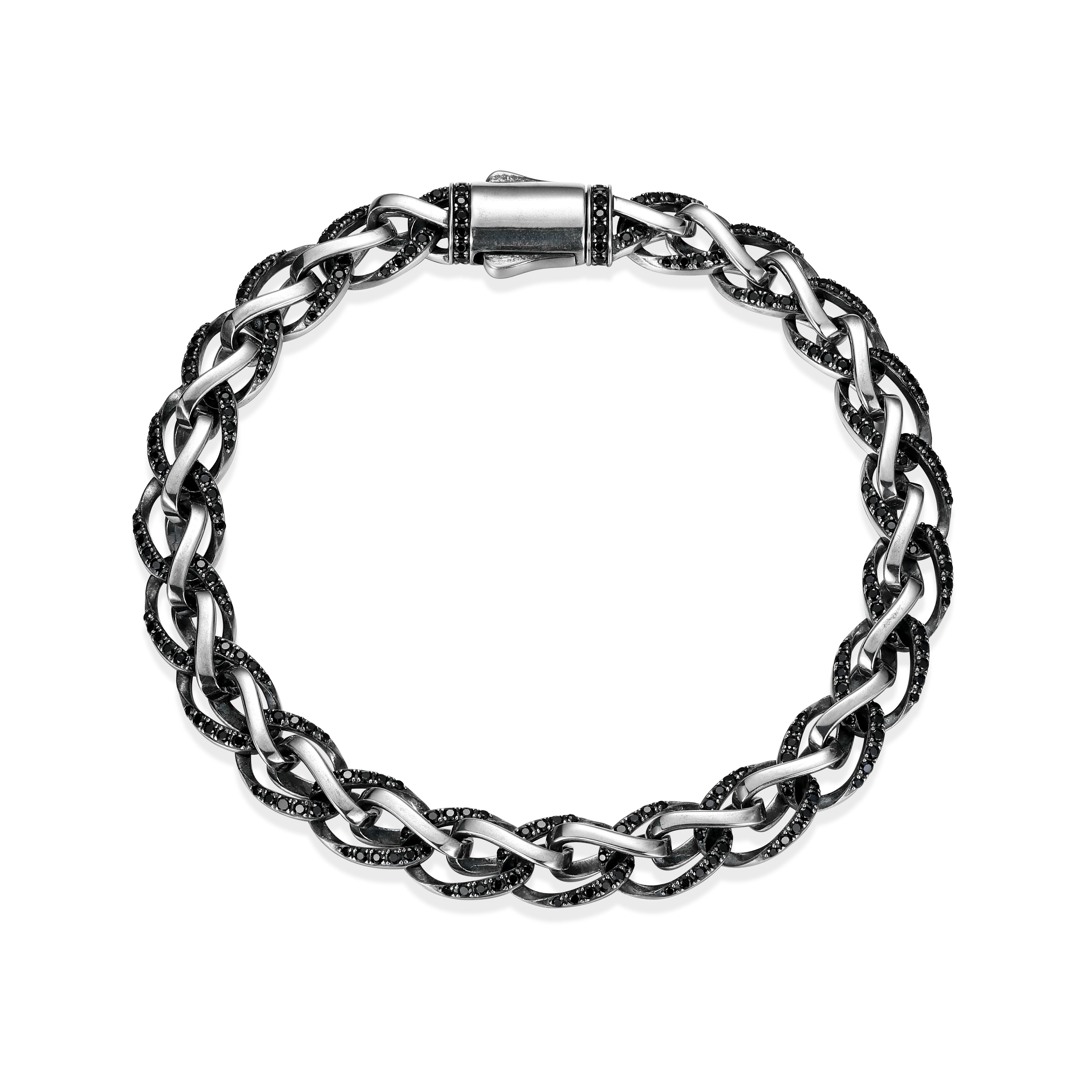 UB0079 - Links Pave Genuine Black Sapphire Foxtail Chain Bracelet in Oxidized Rhodium - Plated Sterling Silver