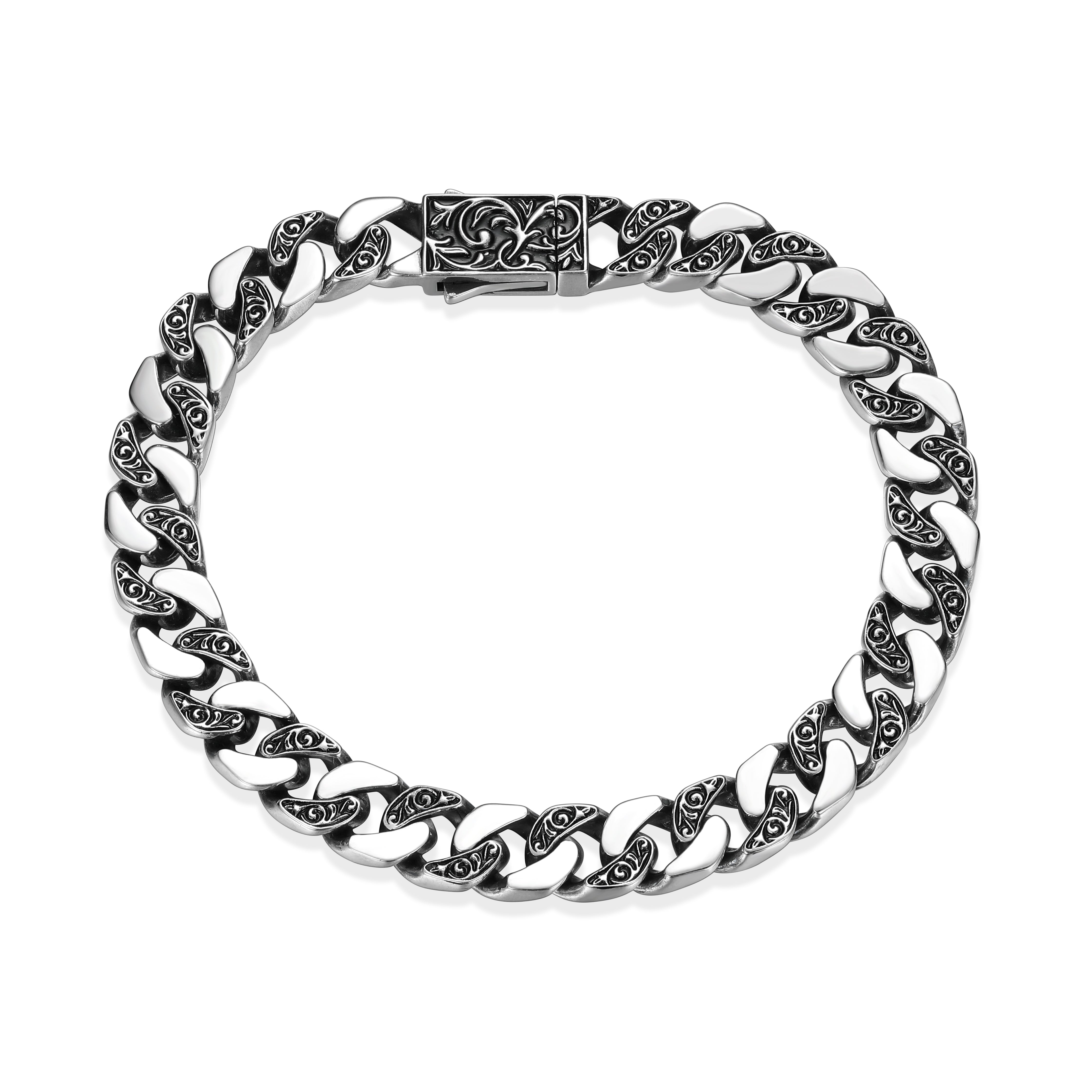 UB0086 - Chisel Contrast Cuban Link Chain Bracelet in Oxidized Rhodium - Plated Sterling Silver