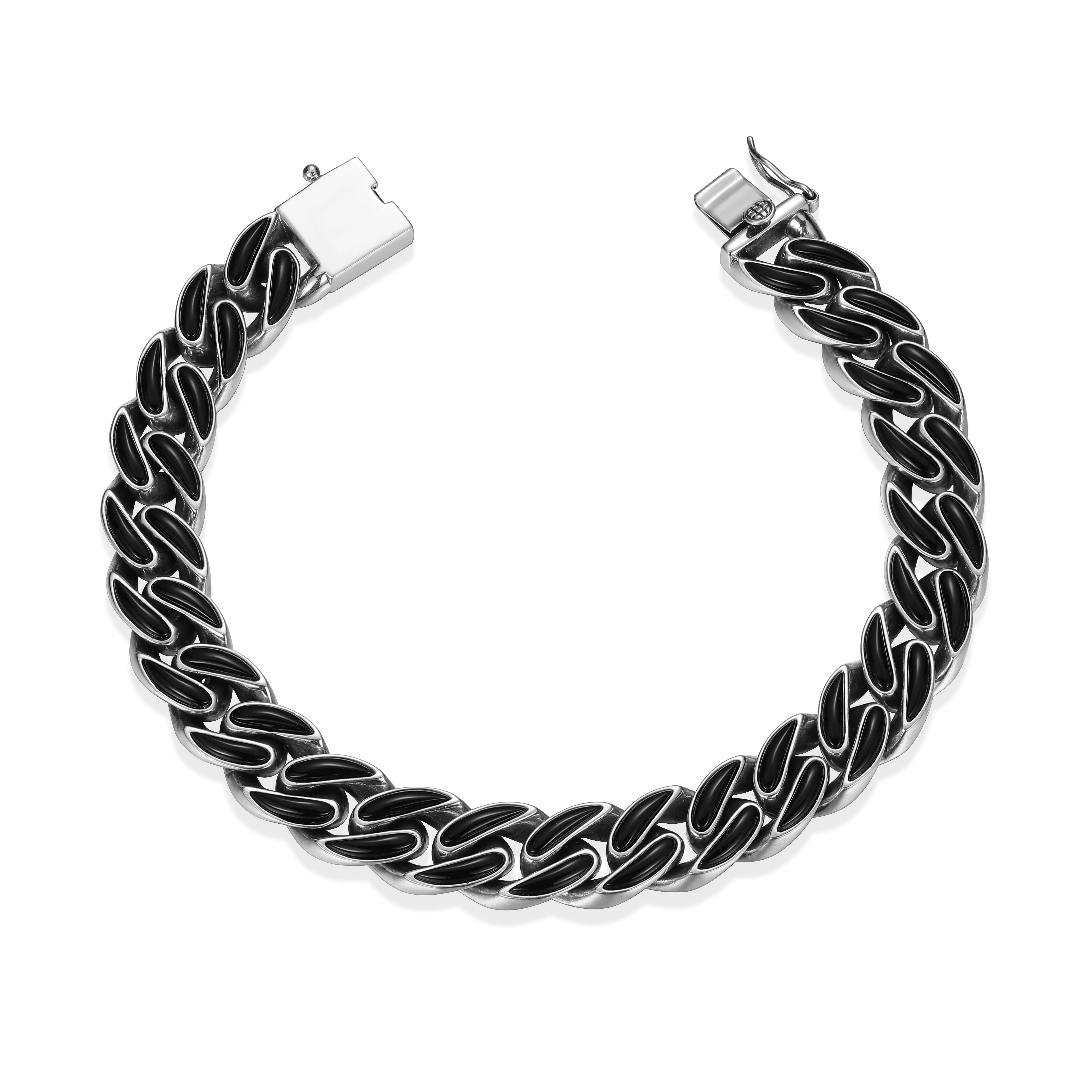 UB0081 - Links Black Agate Inlay Cuban Chain Bracelet in Oxidized Rhodium - Plated Sterling Silver