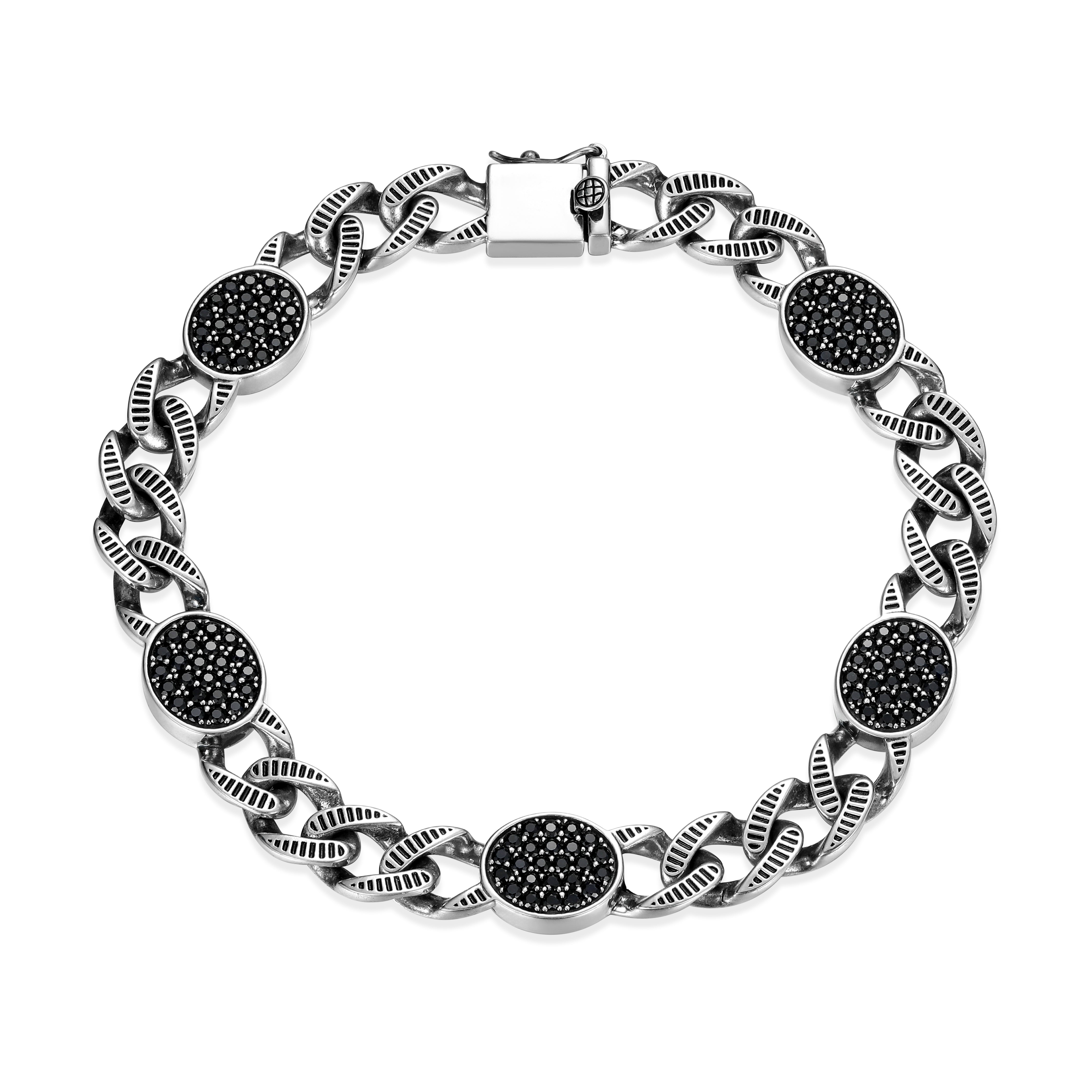 UB0075 - Ridge Cuban Chain with Genuine Black Sapphire Pave Station Bracelet in Oxidized Rhodium - Plated Sterling Silver